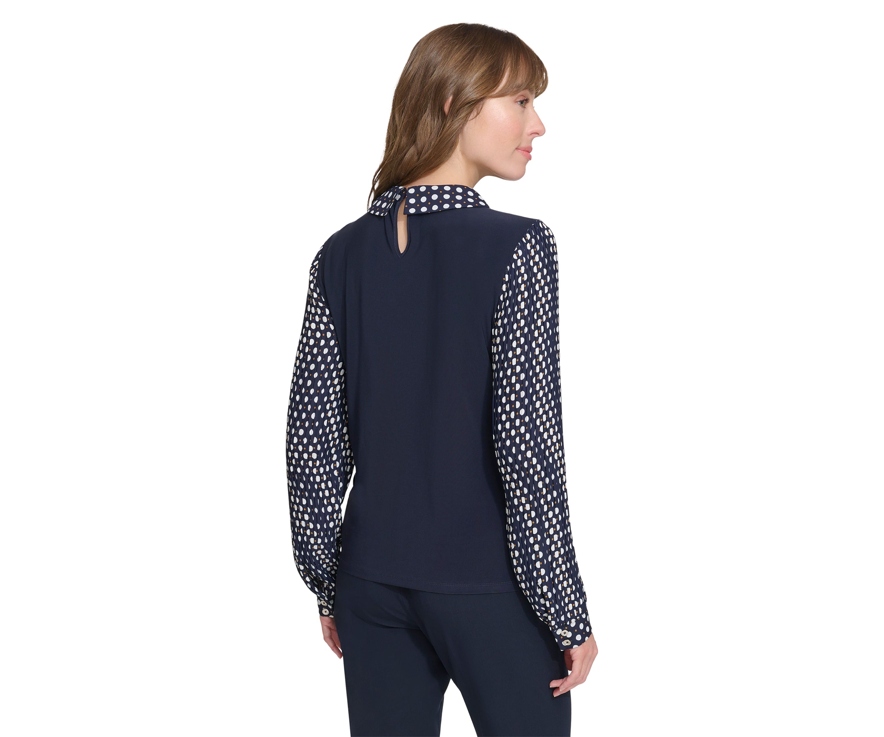 Womens Long Sleeve Mixed Media Collared Blouse