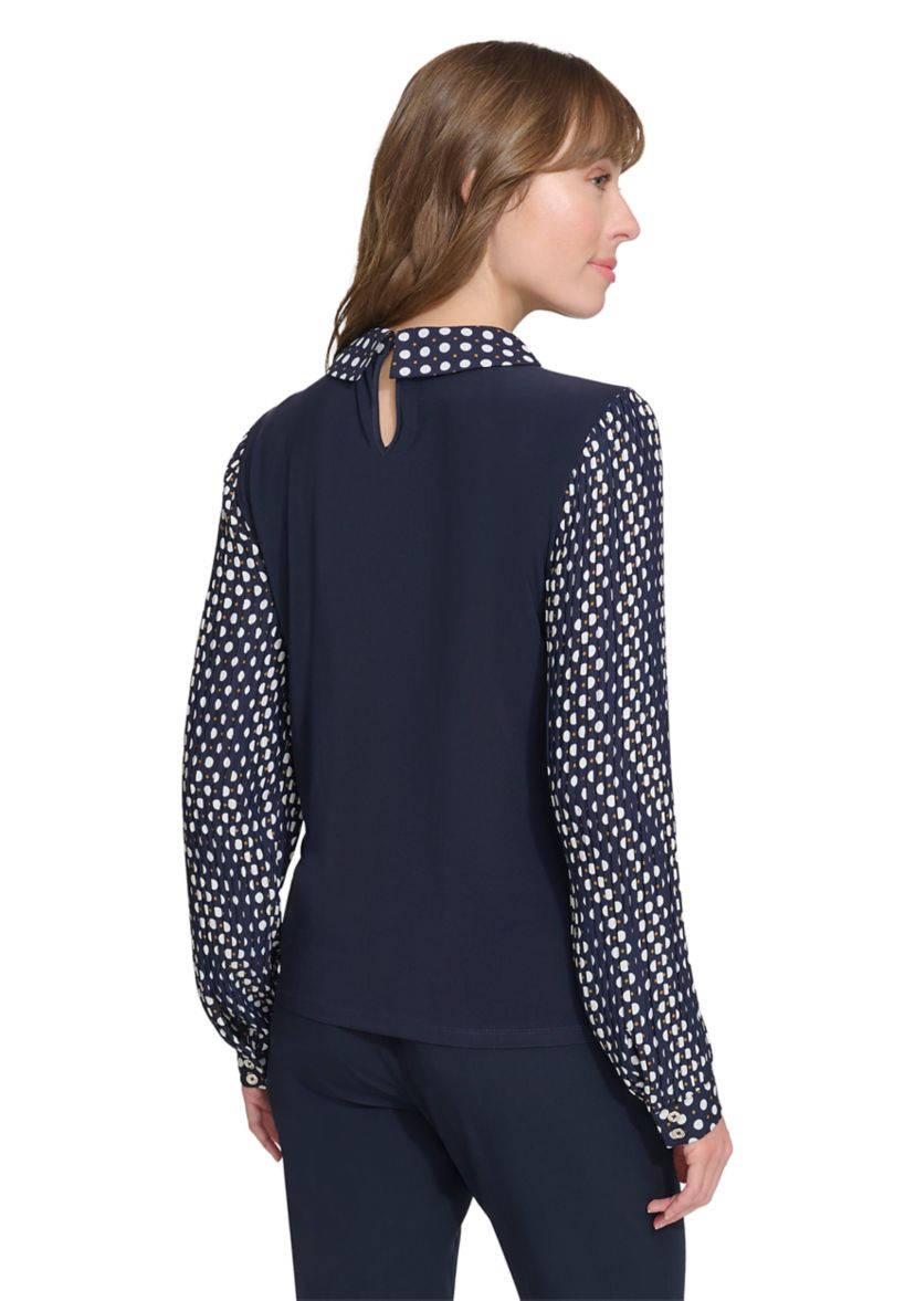 Womens Long Sleeve Mixed Media Collared Blouse