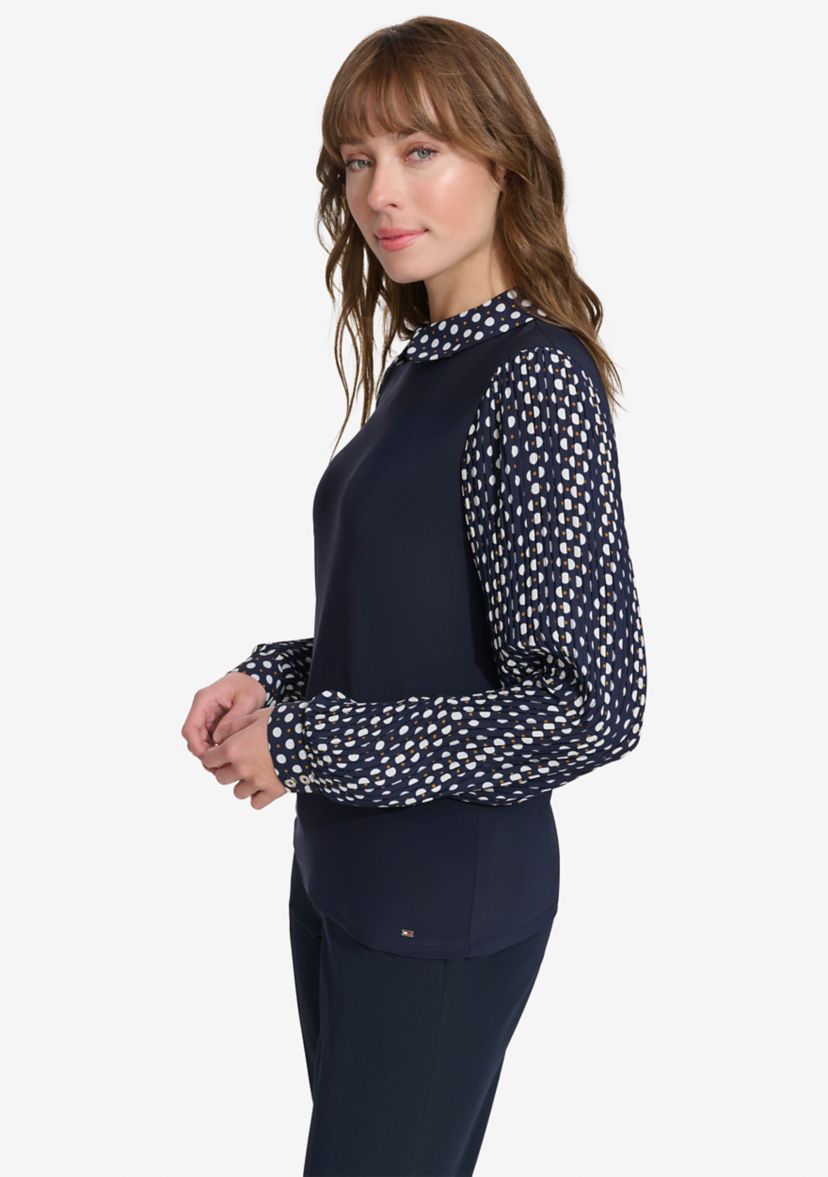 Womens Long Sleeve Mixed Media Collared Blouse
