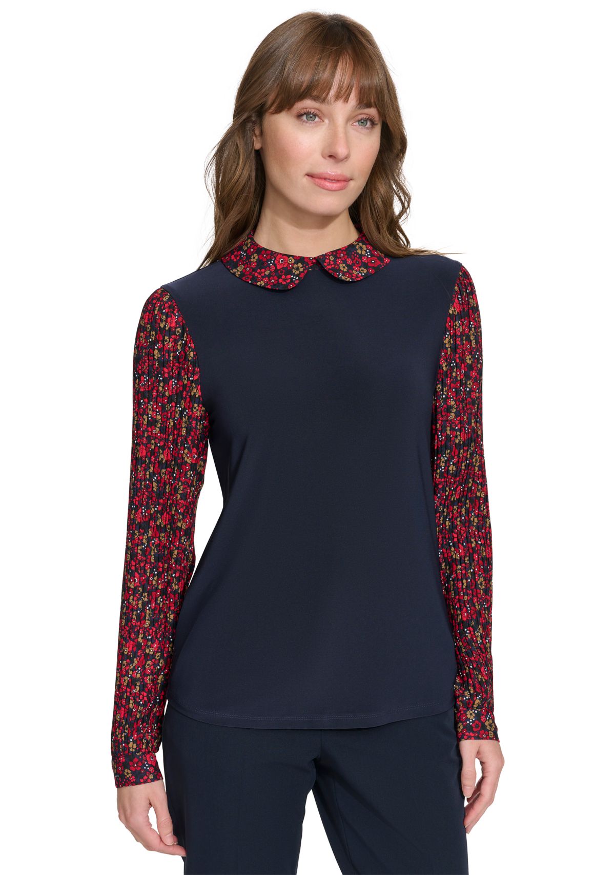 Womens Long Sleeve Collared Mixed Media Floral Top