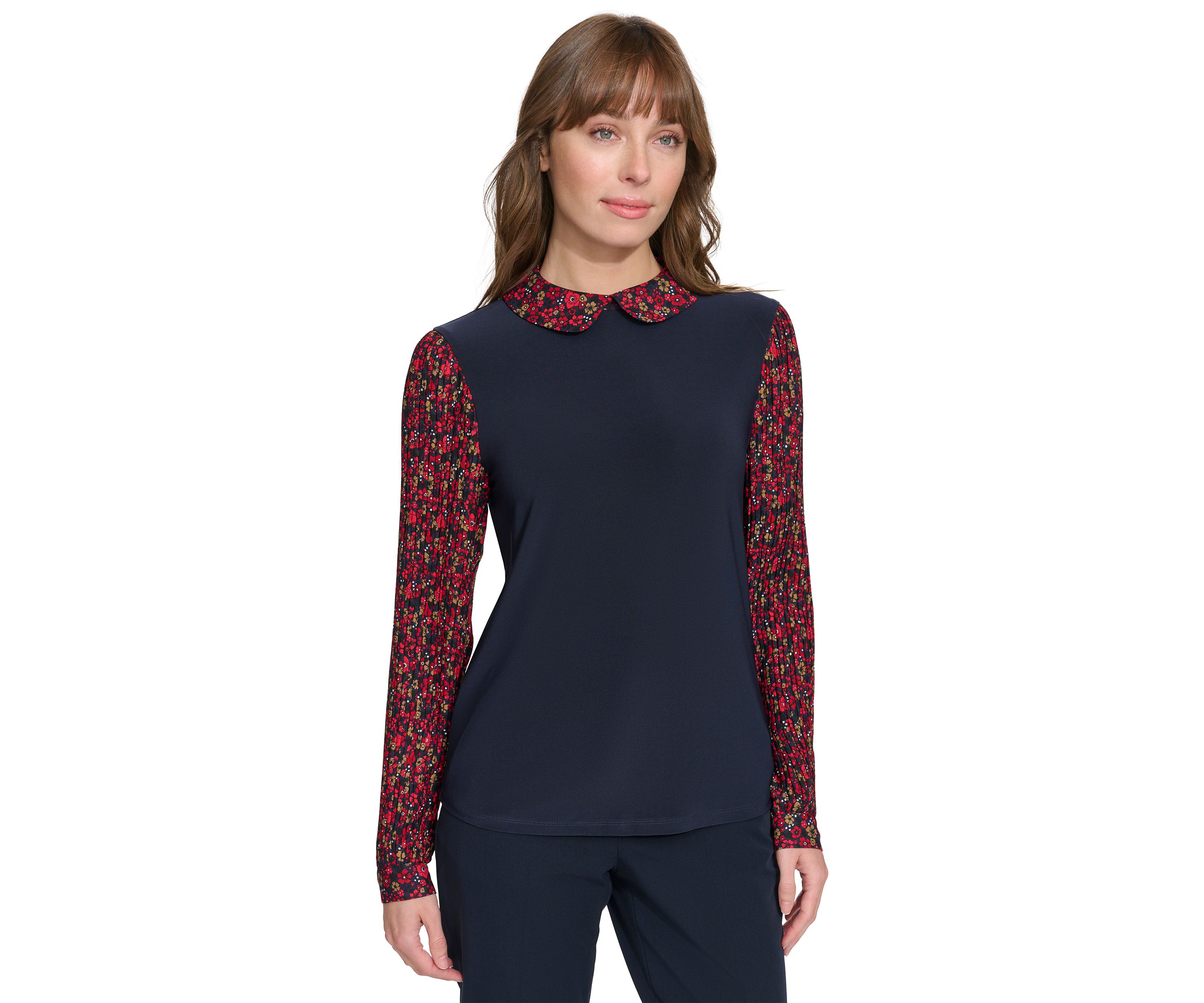 Womens Long Sleeve Collared Mixed Media Floral Top
