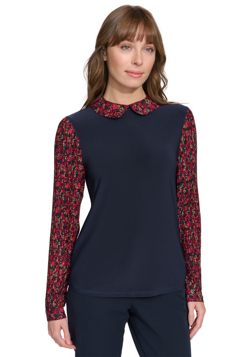 Womens Long Sleeve Collared Mixed Media Floral Top