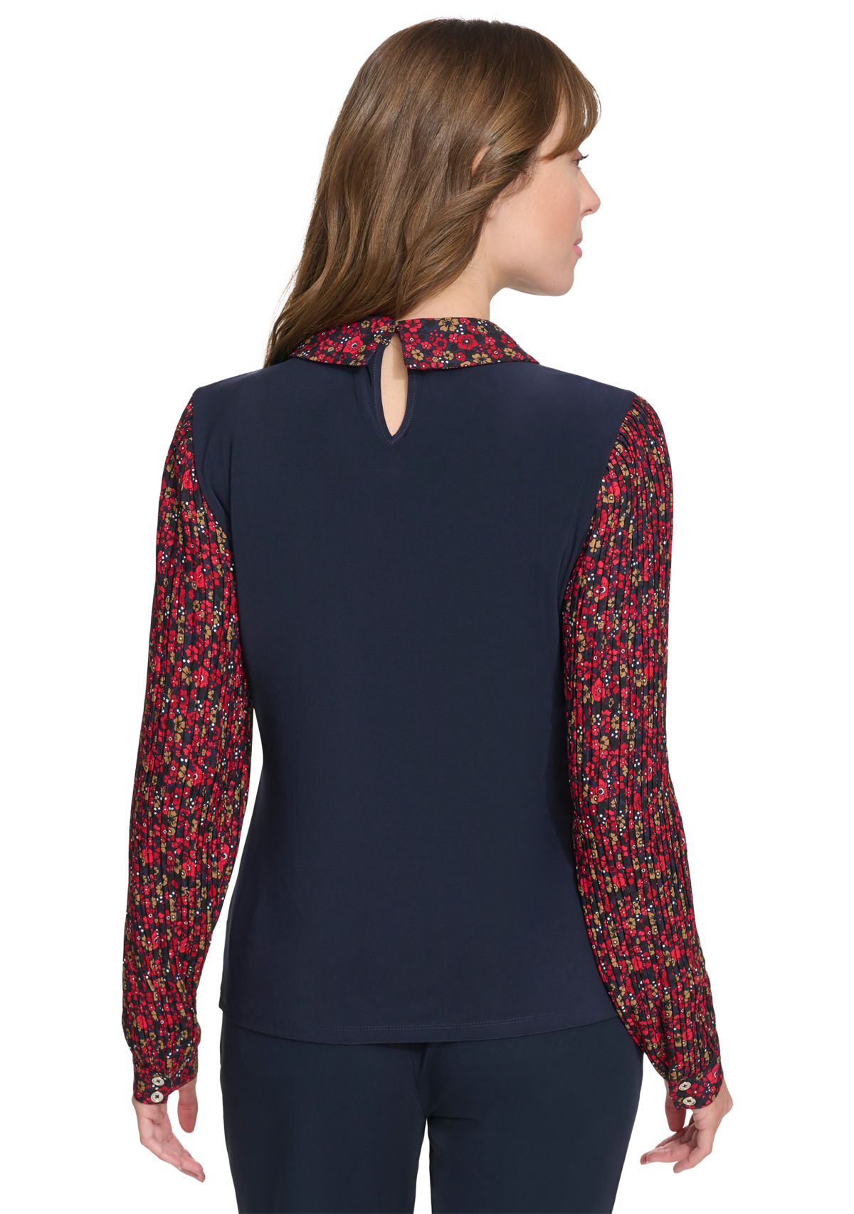 Womens Long Sleeve Collared Mixed Media Floral Top