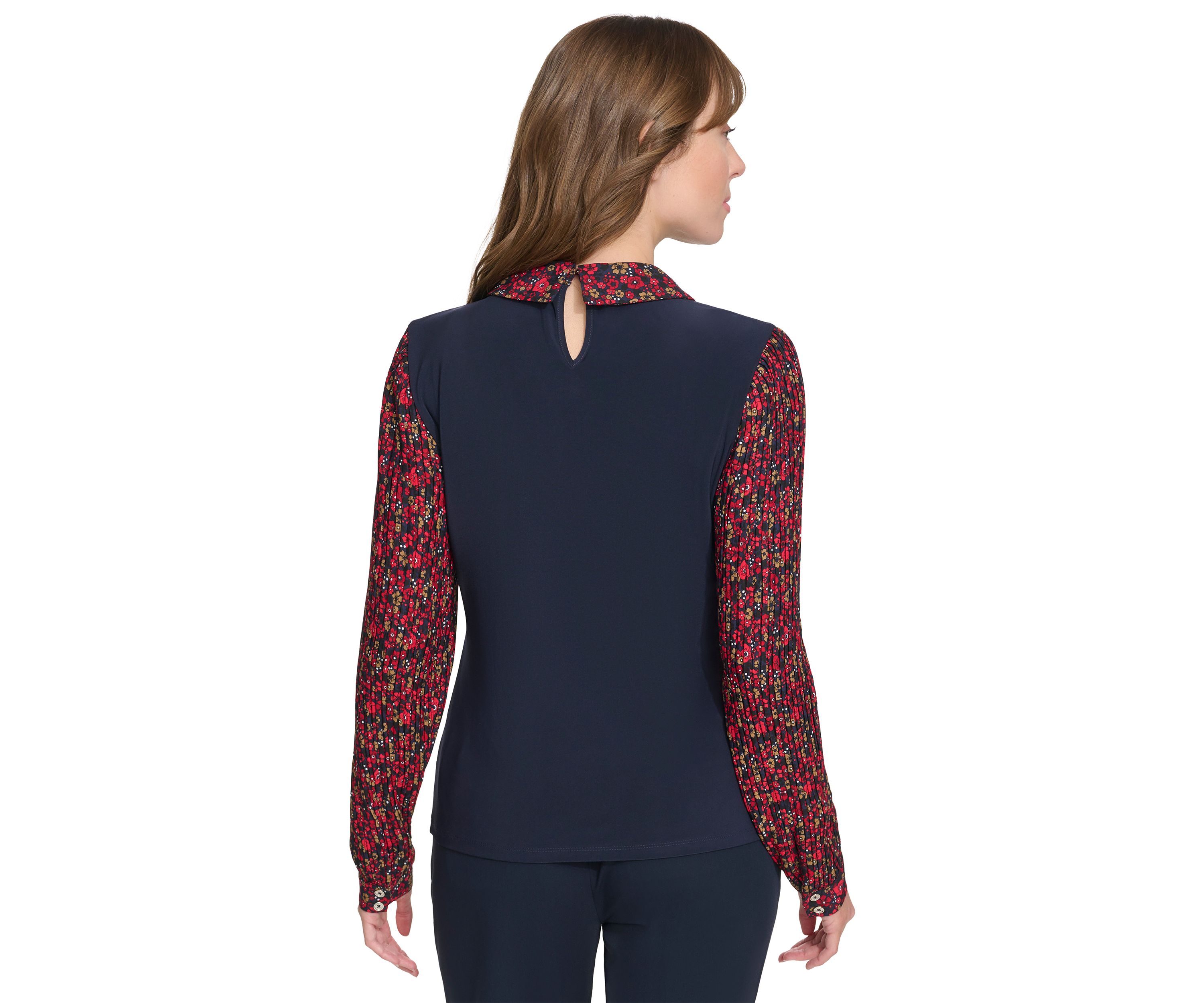 Womens Long Sleeve Collared Mixed Media Floral Top