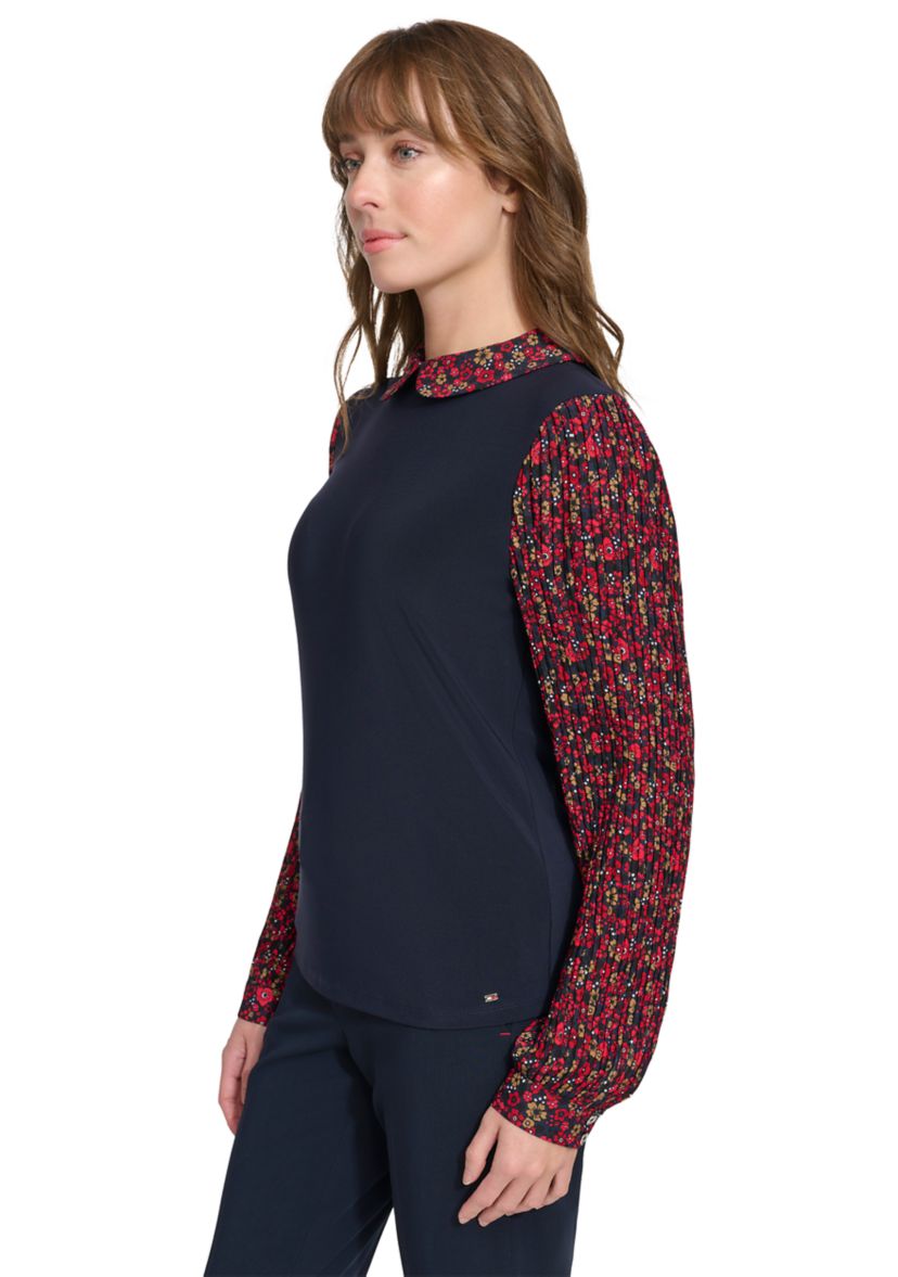 Womens Long Sleeve Collared Mixed Media Floral Top