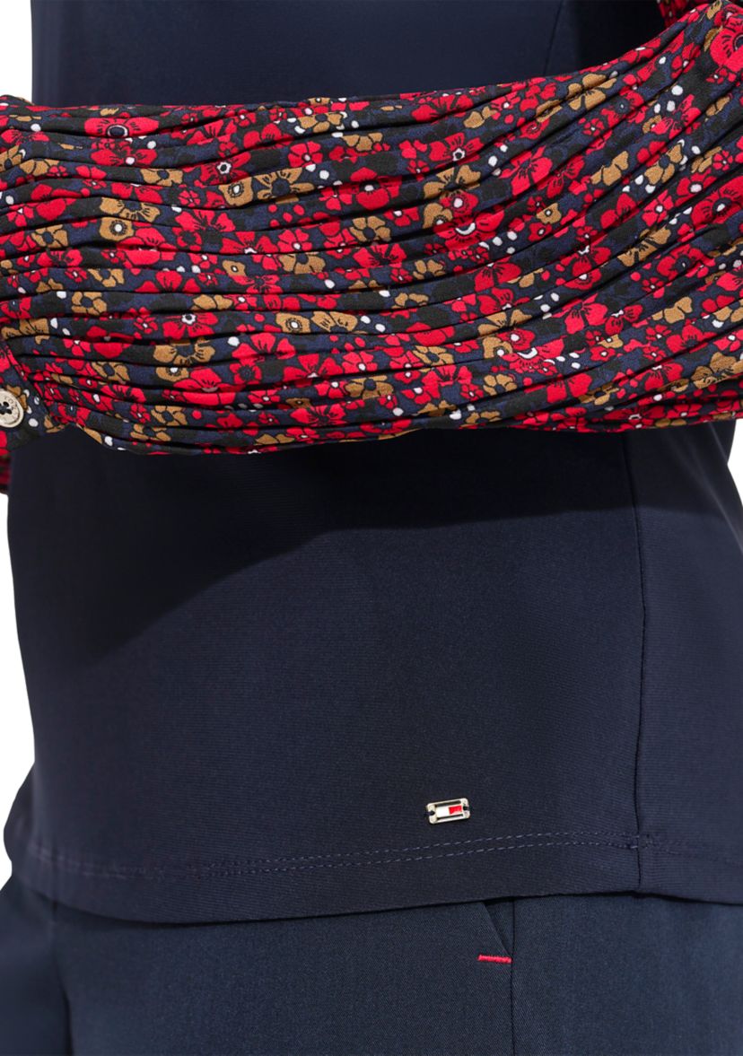 Womens Long Sleeve Collared Mixed Media Floral Top