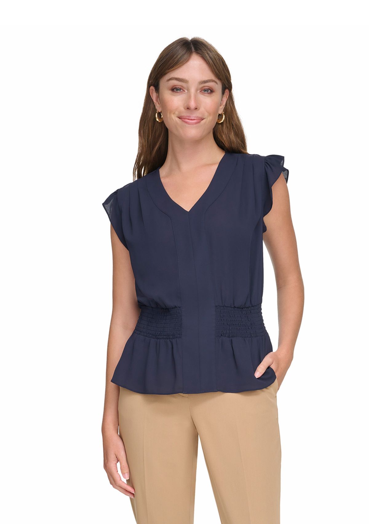 Womens Smocked Peplum Blouse