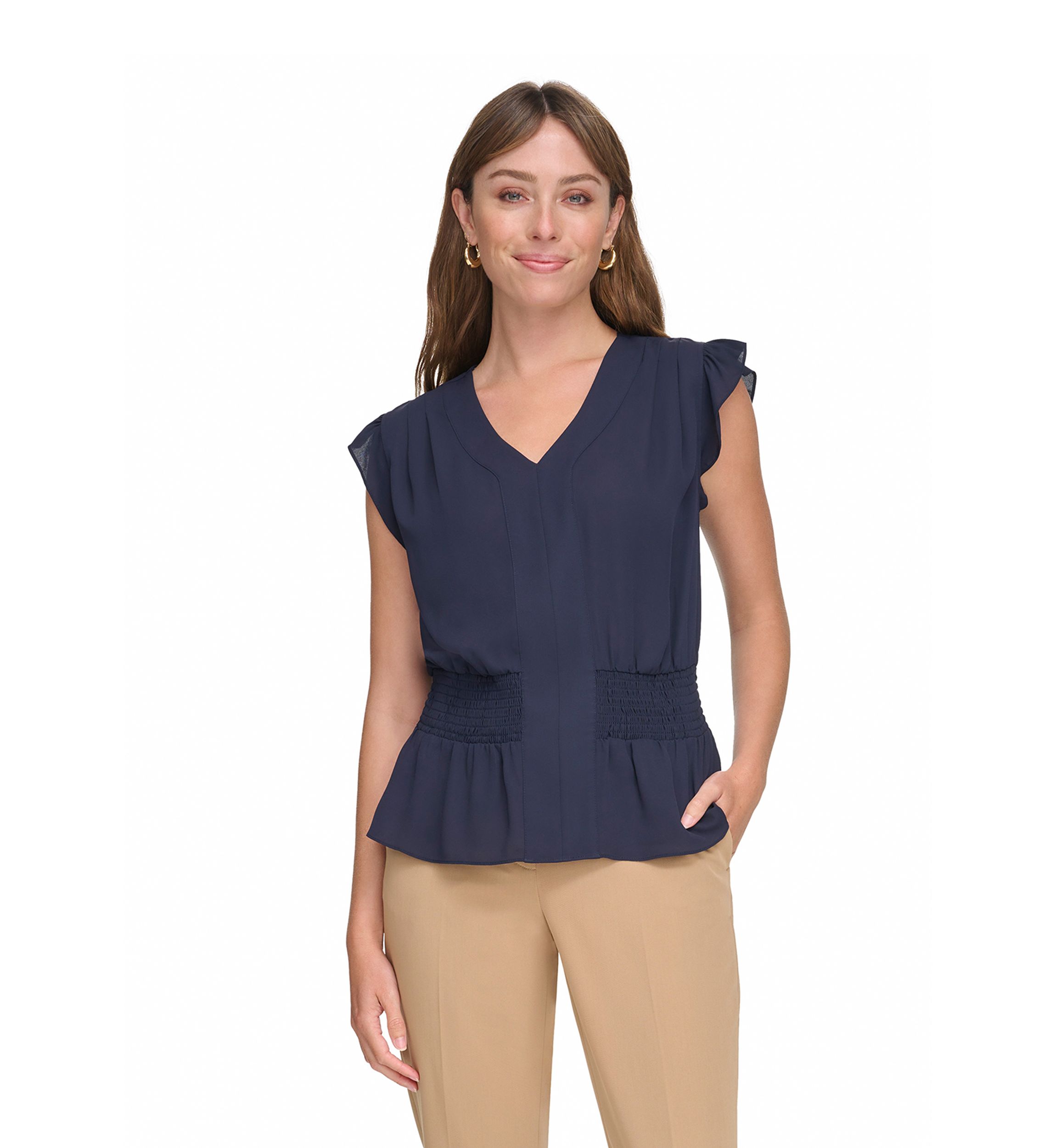 Womens Smocked Peplum Blouse