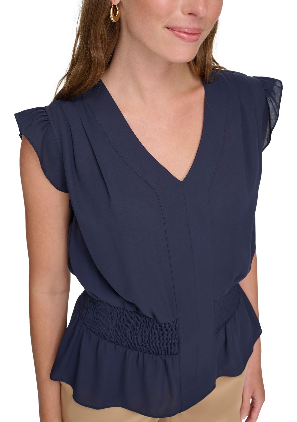 Womens Smocked Peplum Blouse