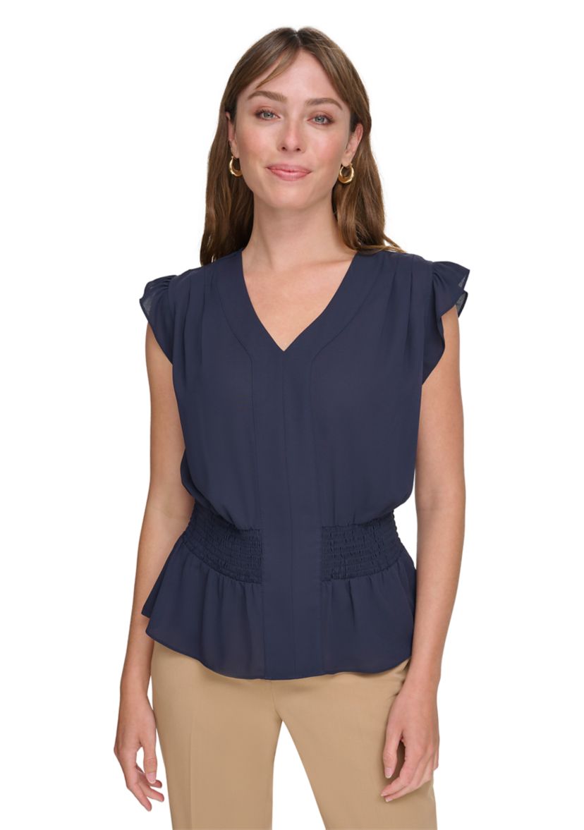 Womens Smocked Peplum Blouse