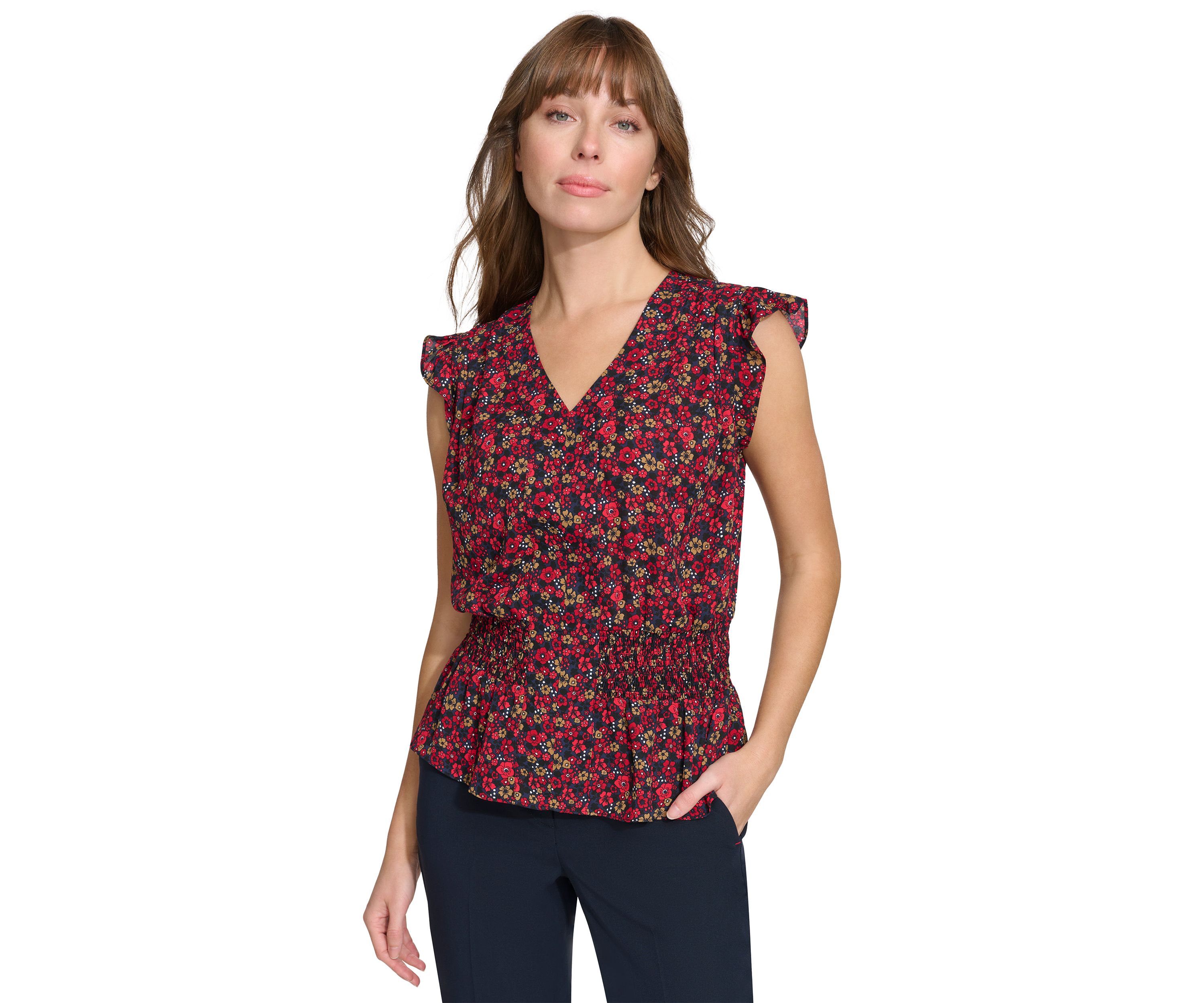 Womens Floral Smocked Peplum Blouse
