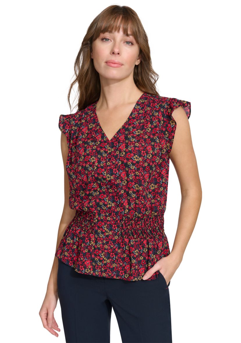 Womens Floral Smocked Peplum Blouse
