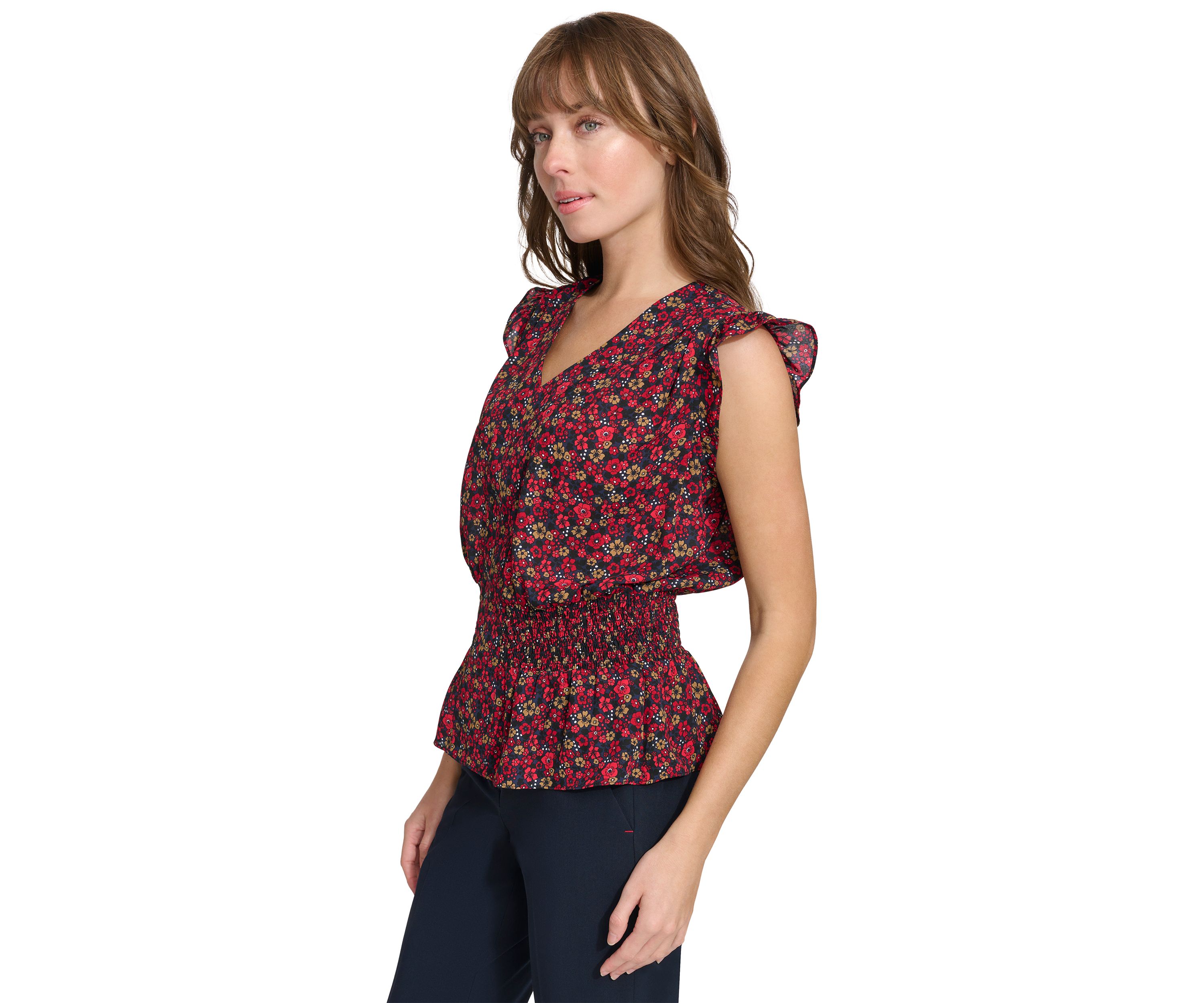 Womens Floral Smocked Peplum Blouse