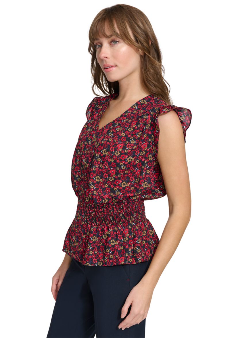 Womens Floral Smocked Peplum Blouse