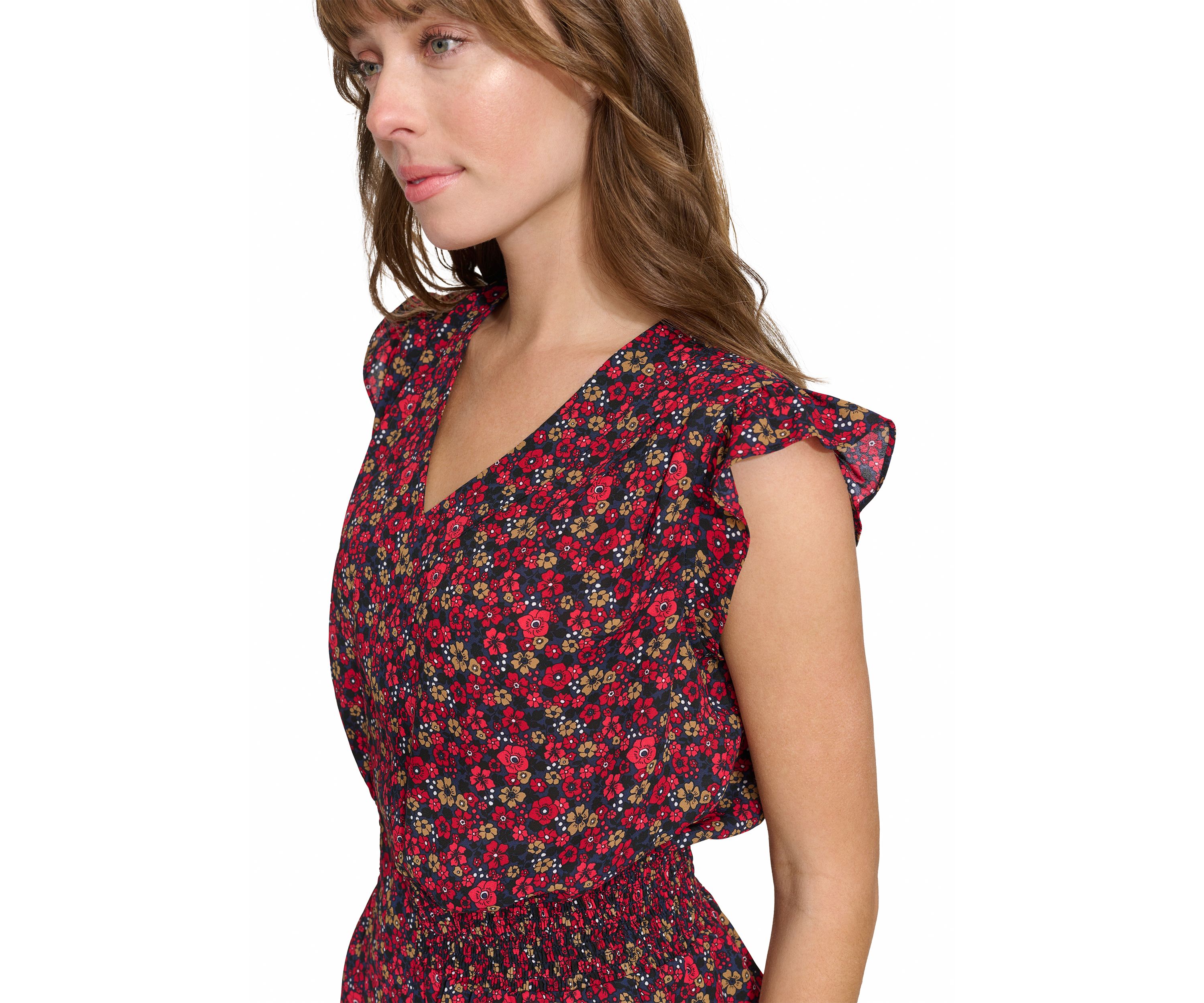 Womens Floral Smocked Peplum Blouse