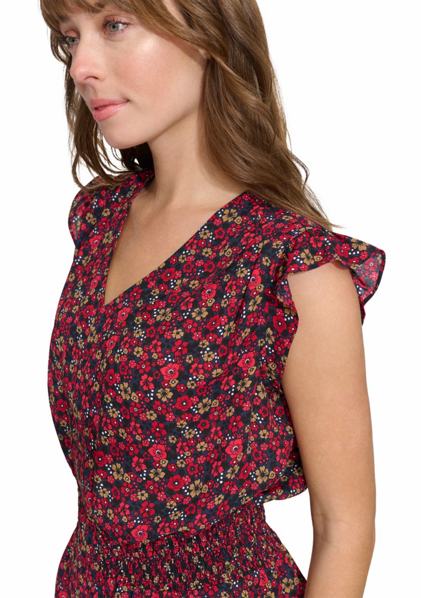 Womens Floral Smocked Peplum Blouse