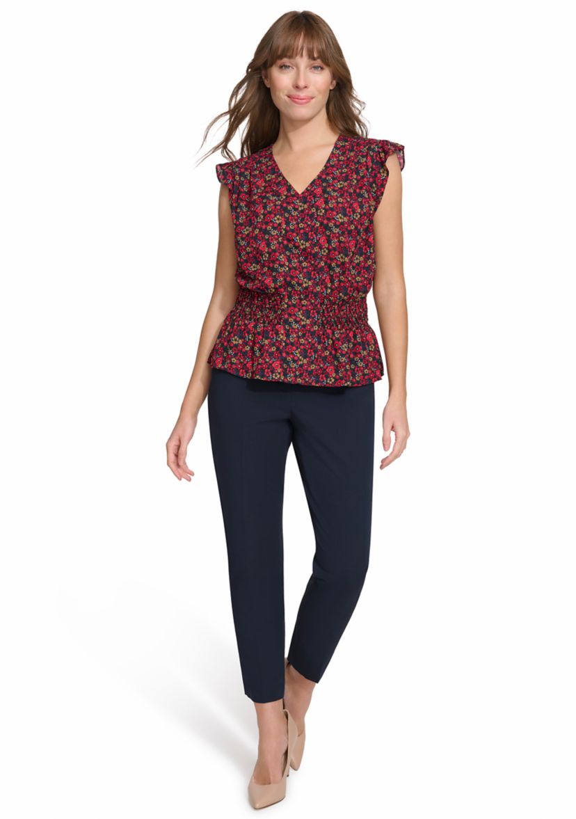 Womens Floral Smocked Peplum Blouse