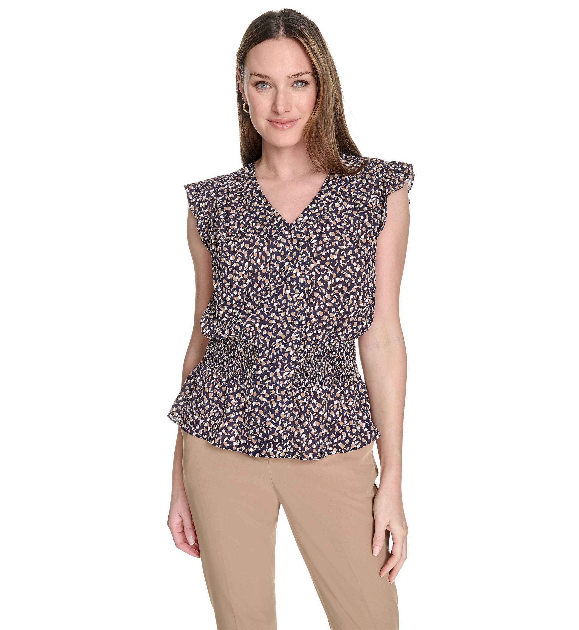 Womens Leaf Print Smocked Waist Blouse