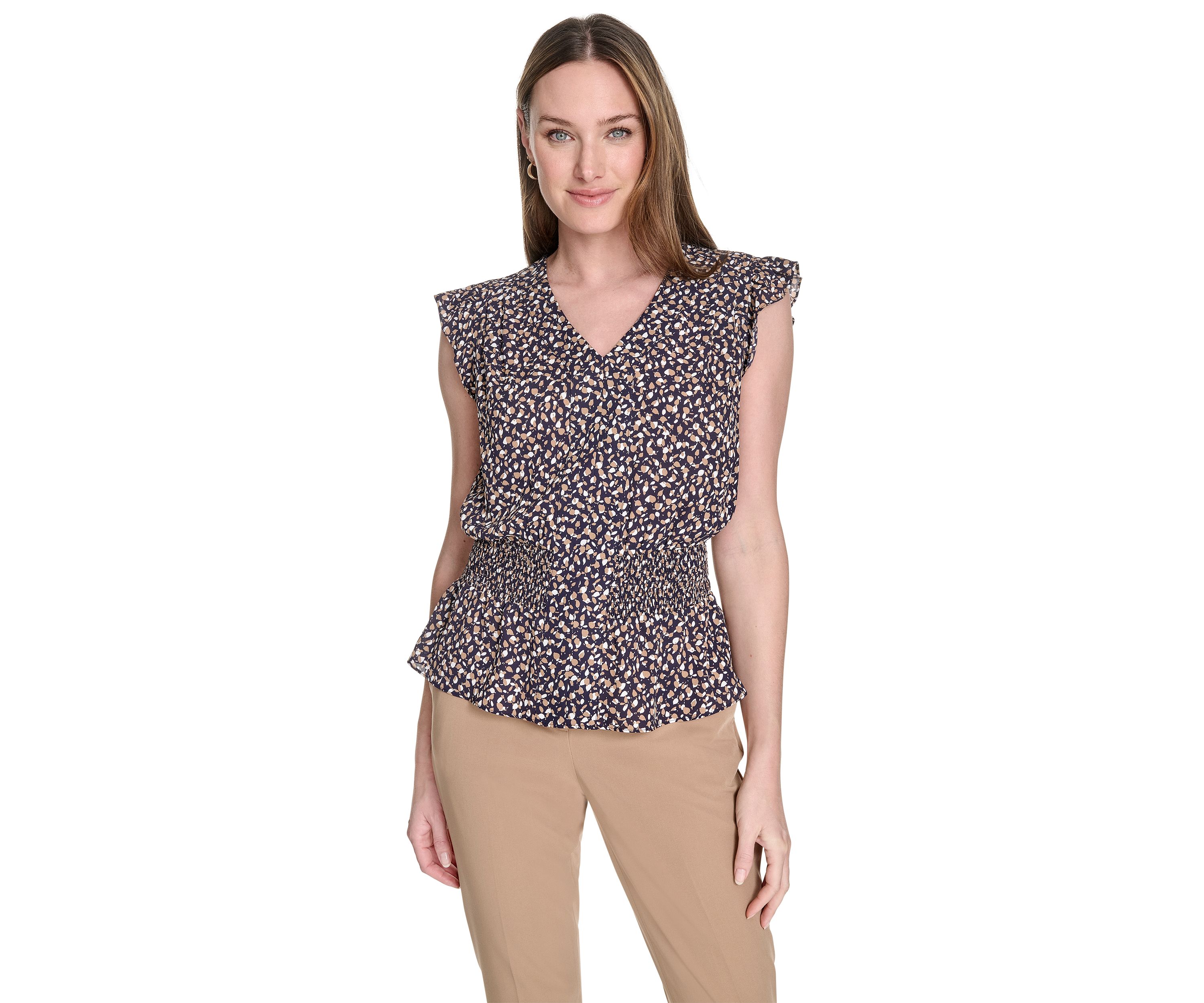 Womens Leaf Print Smocked Waist Blouse