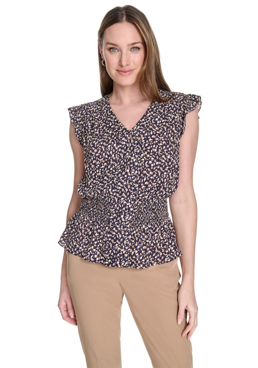 Womens Leaf Print Smocked Waist Blouse