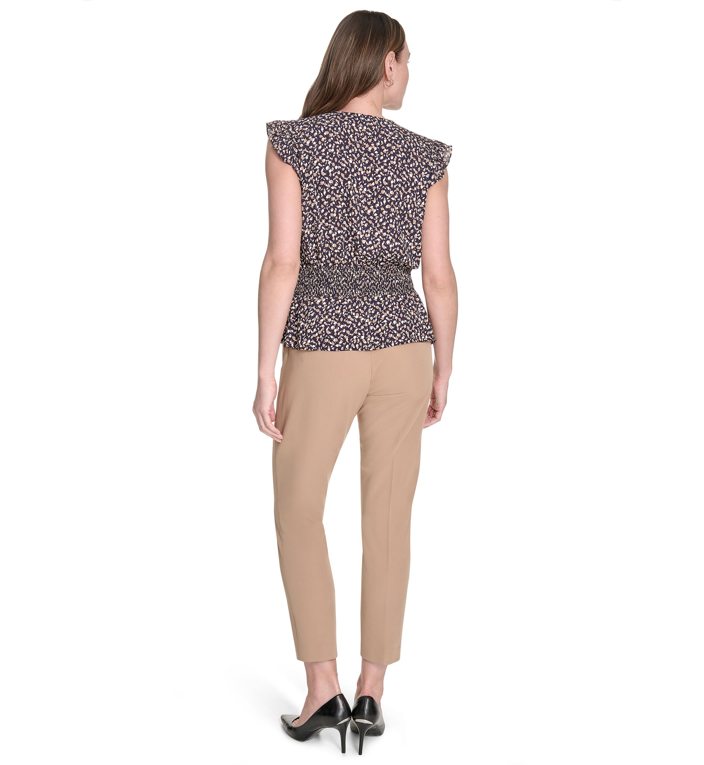 Womens Leaf Print Smocked Waist Blouse
