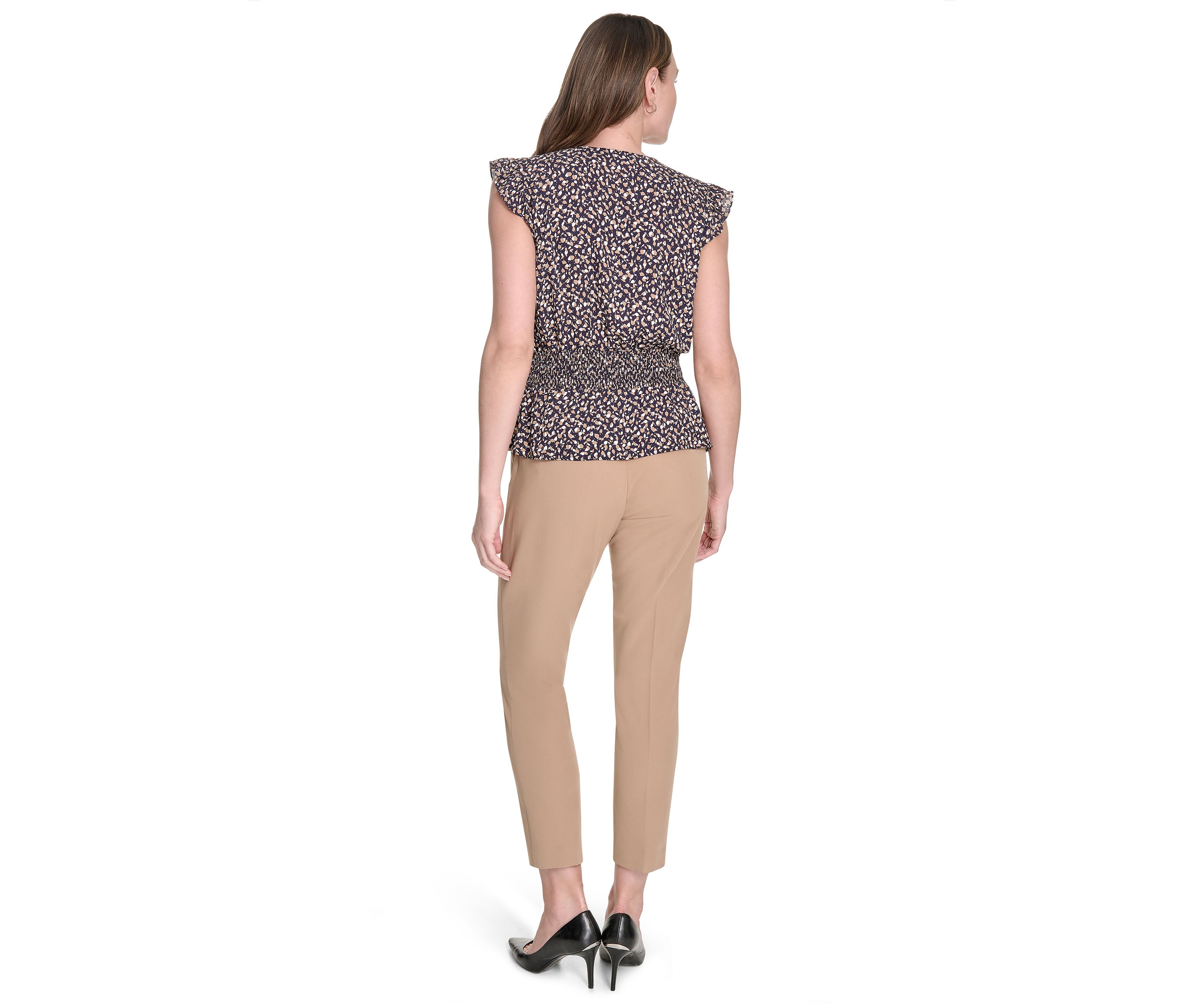 Womens Leaf Print Smocked Waist Blouse