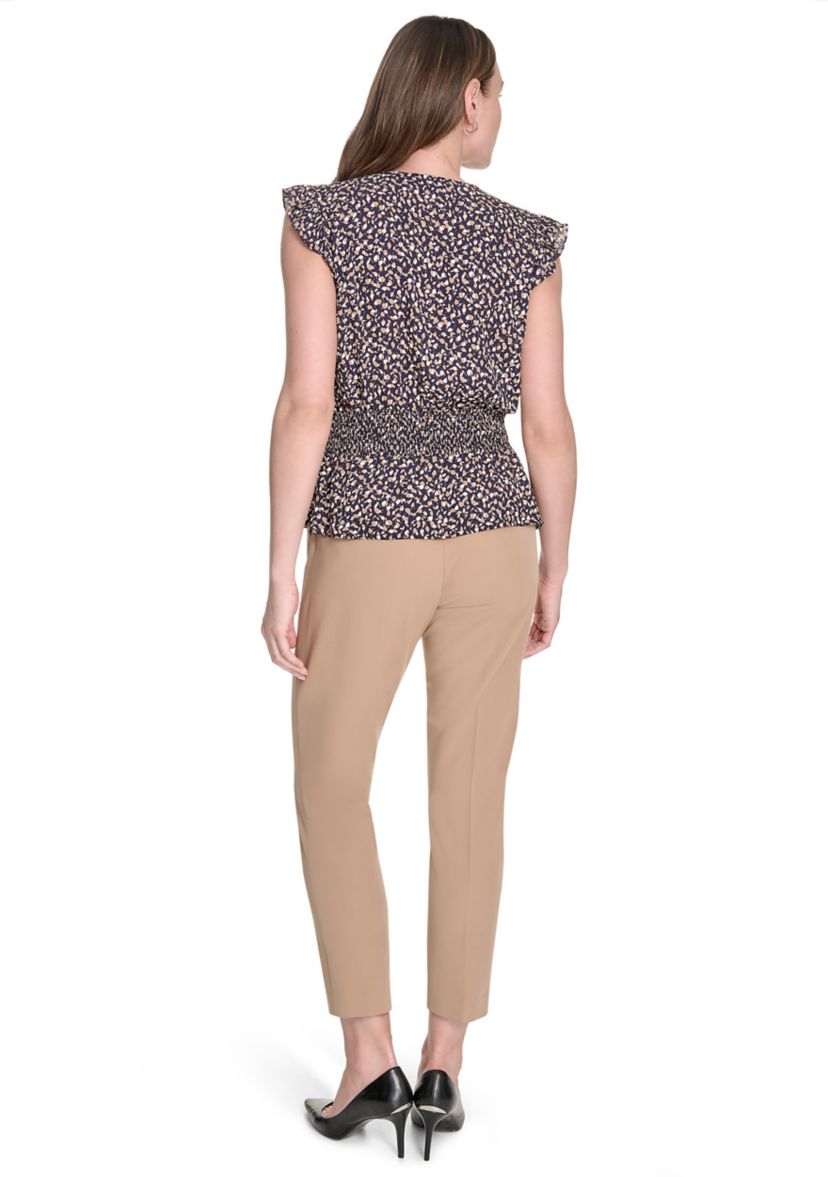 Womens Leaf Print Smocked Waist Blouse