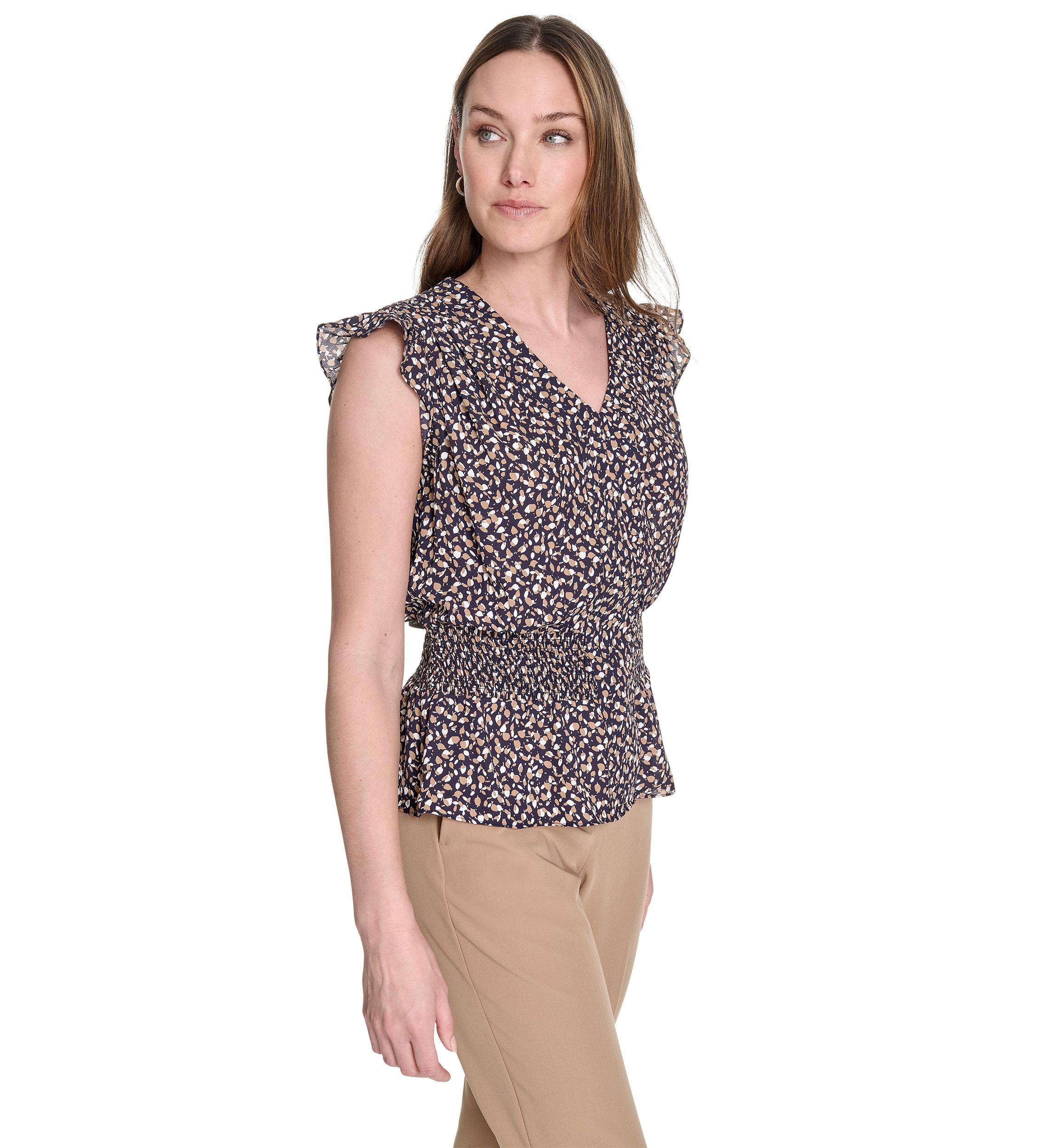 Womens Leaf Print Smocked Waist Blouse