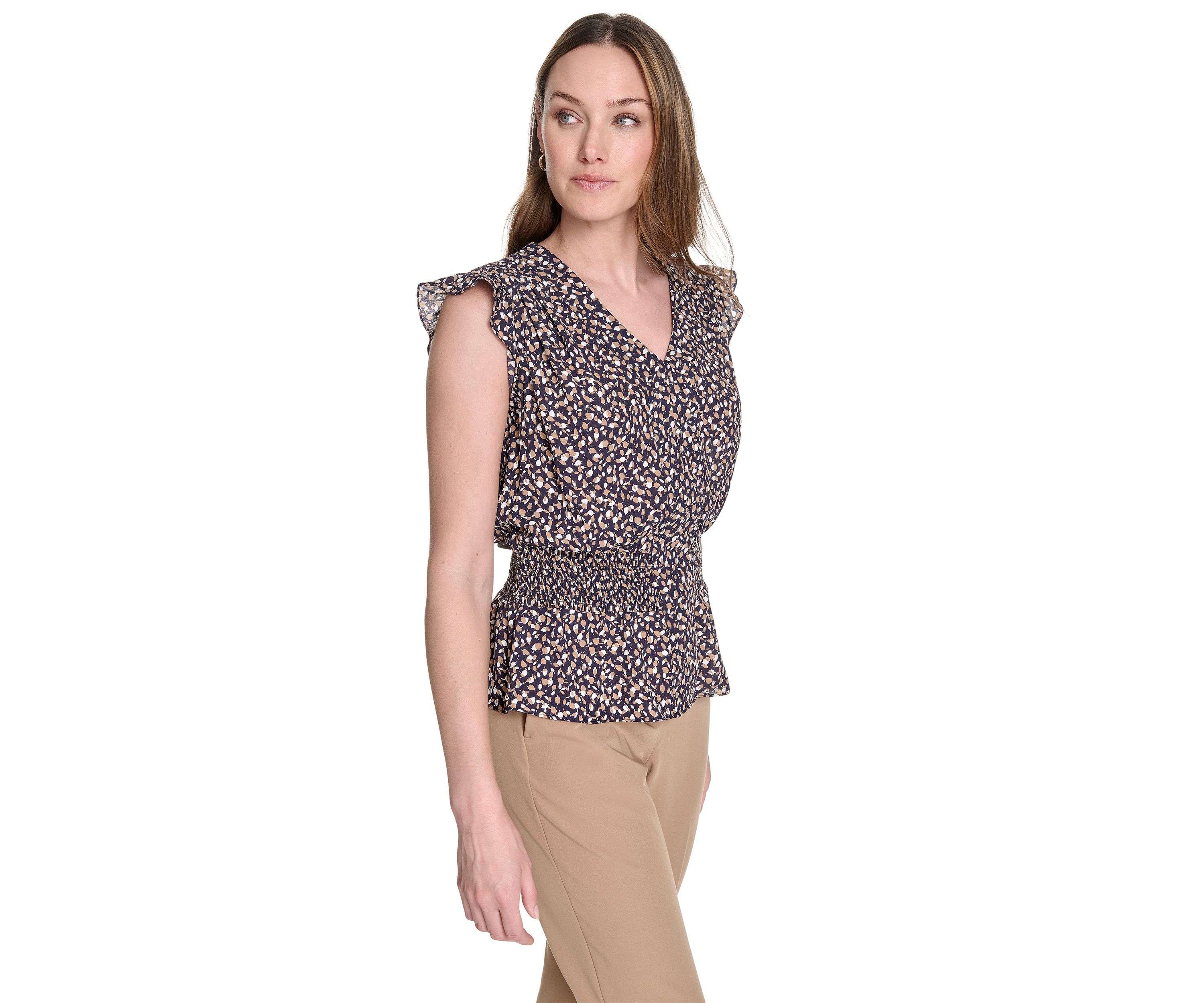 Womens Leaf Print Smocked Waist Blouse