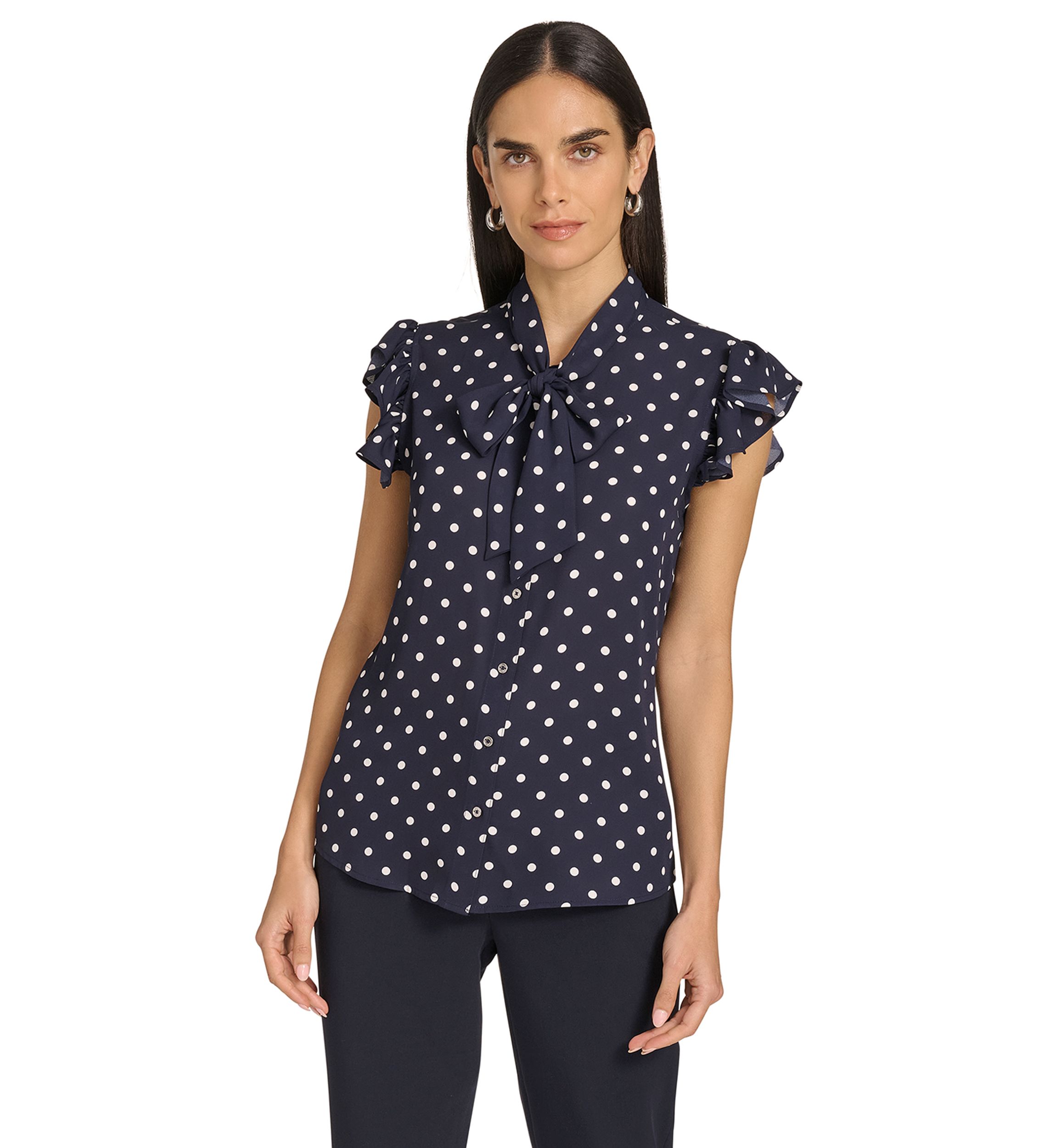 Womens Dot Ruffle Sleeve Bow Blouse 