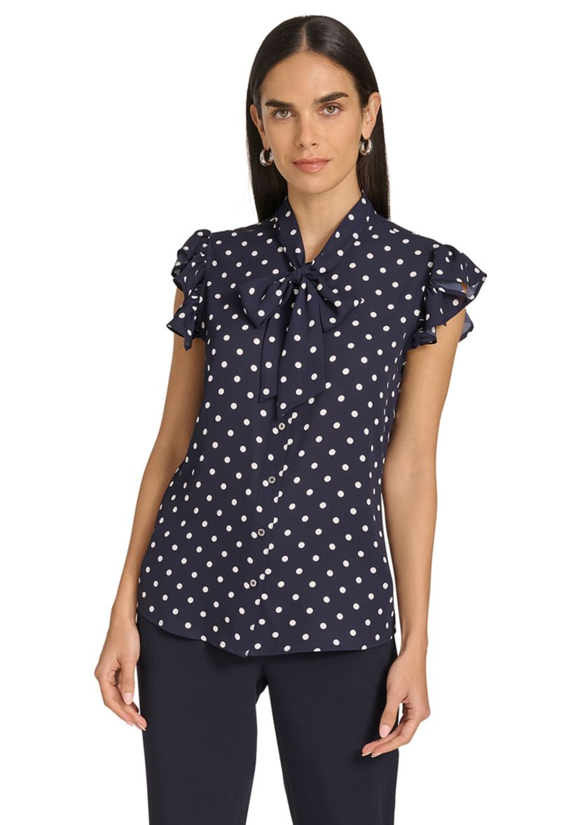 Womens Dot Ruffle Sleeve Bow Blouse 