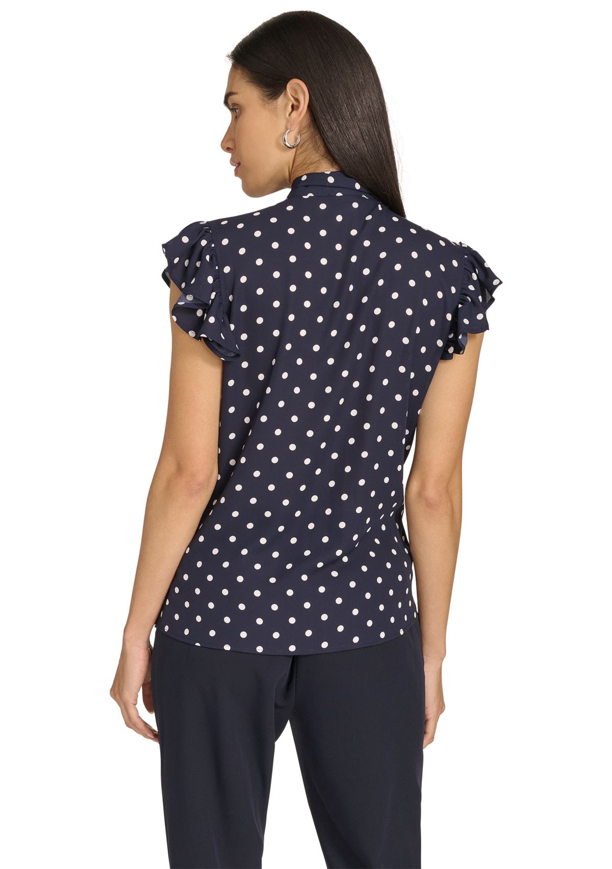 Womens Dot Ruffle Sleeve Bow Blouse 