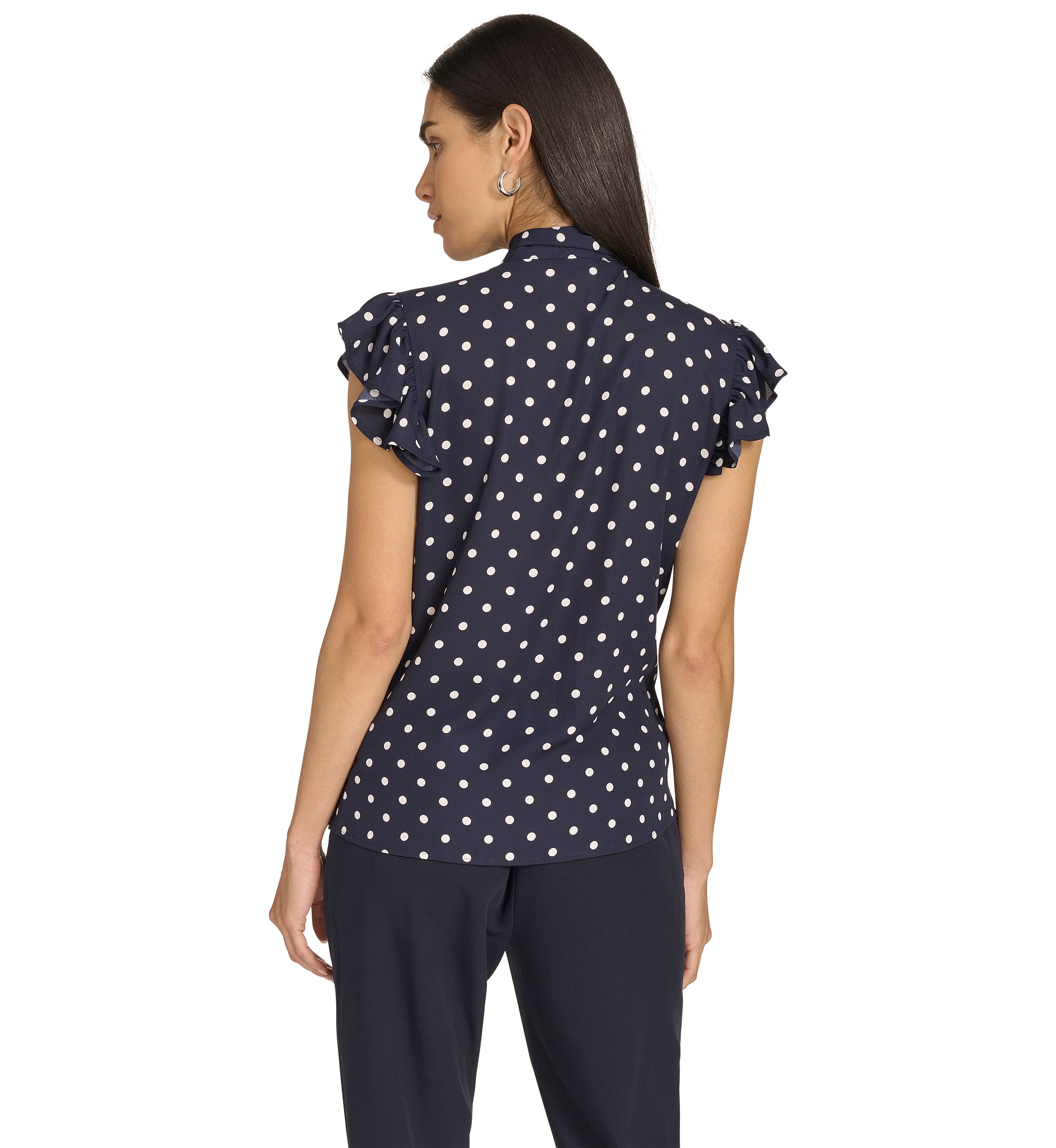 Womens Dot Ruffle Sleeve Bow Blouse 