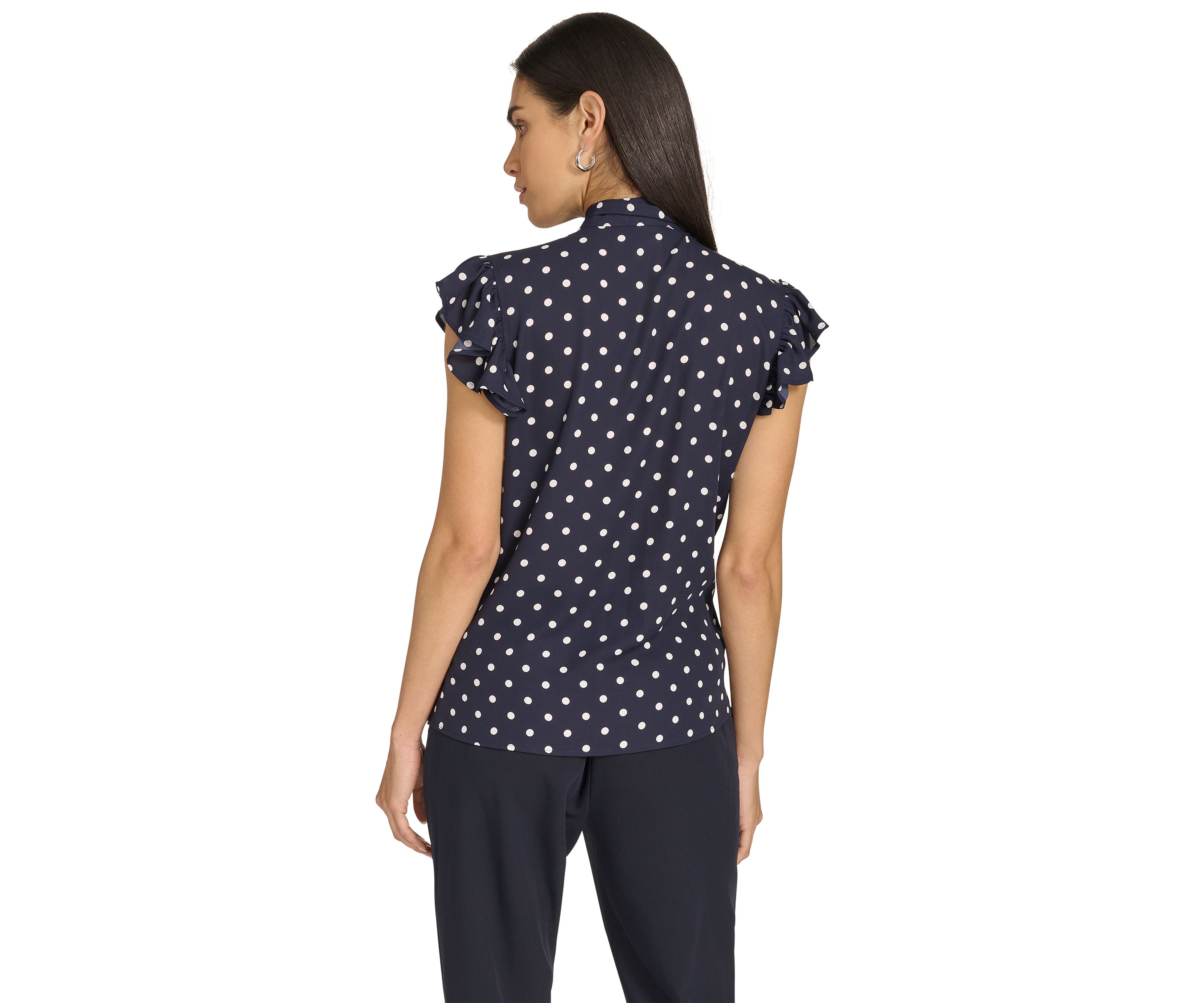 Womens Dot Ruffle Sleeve Bow Blouse 