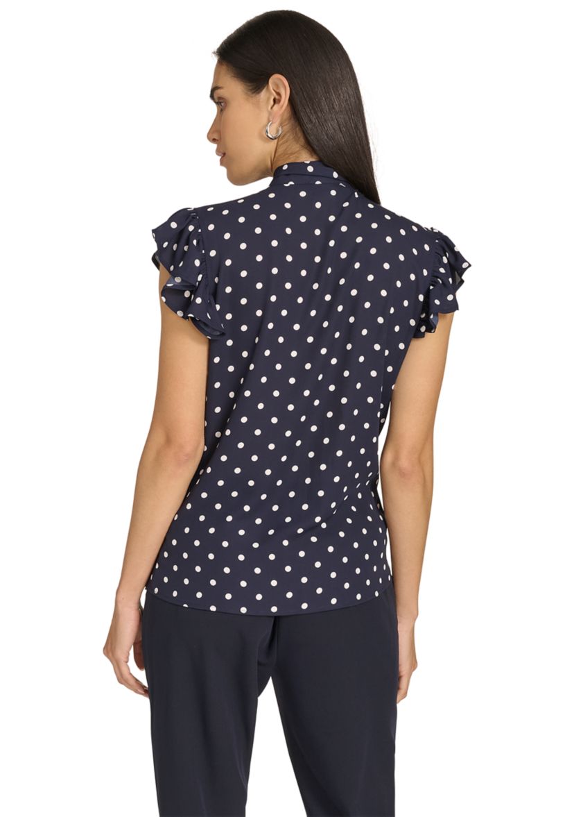 Womens Dot Ruffle Sleeve Bow Blouse 