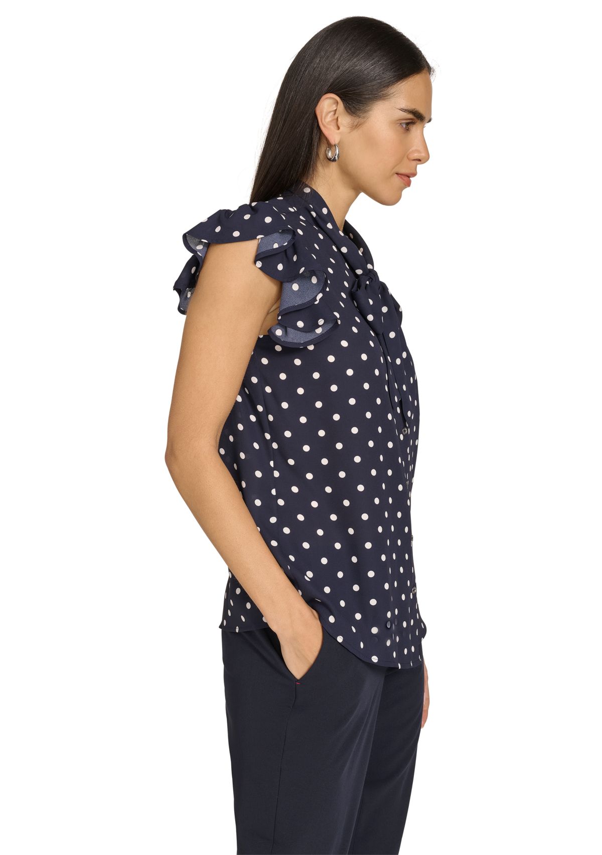 Womens Dot Ruffle Sleeve Bow Blouse 