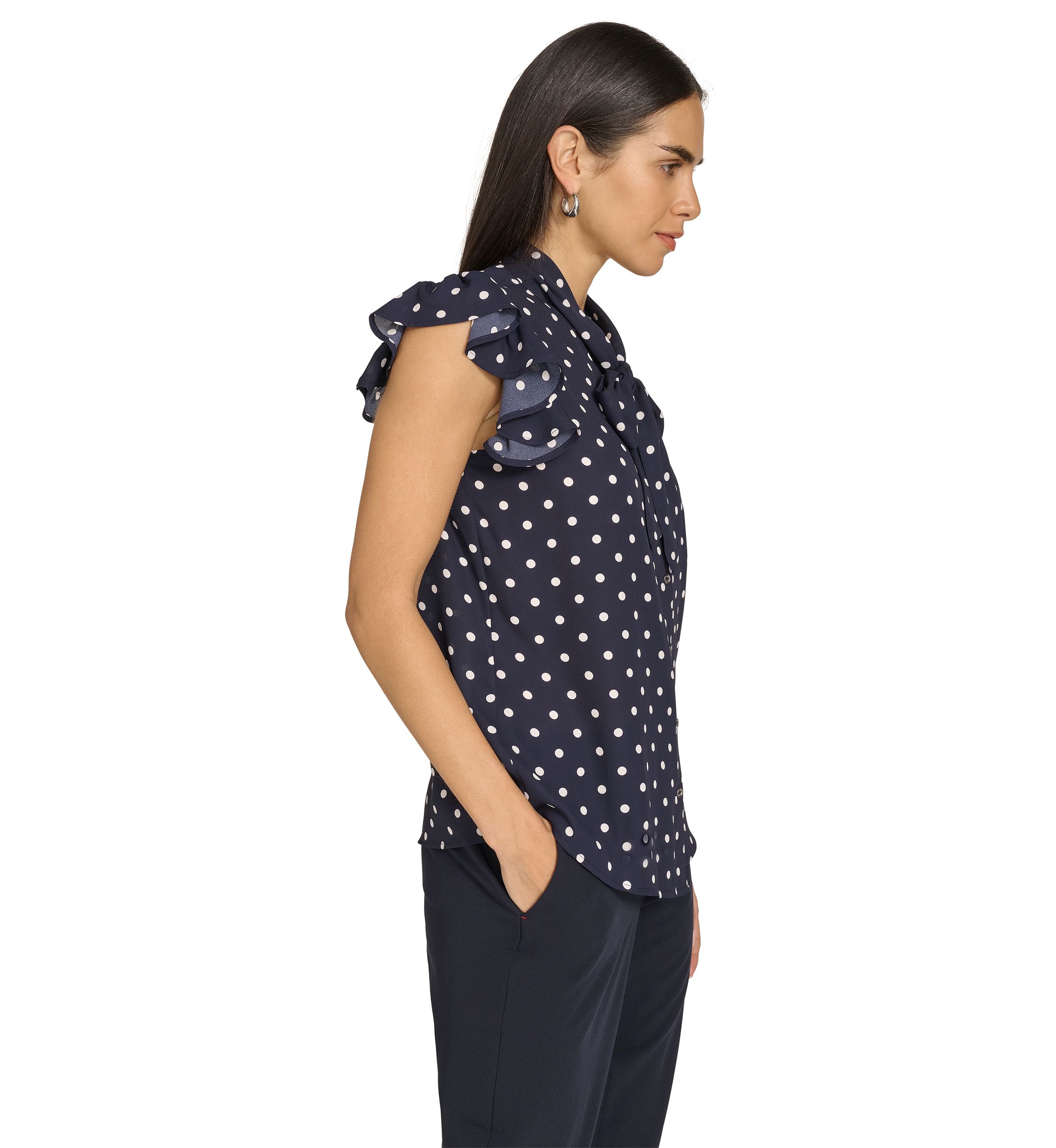 Womens Dot Ruffle Sleeve Bow Blouse 