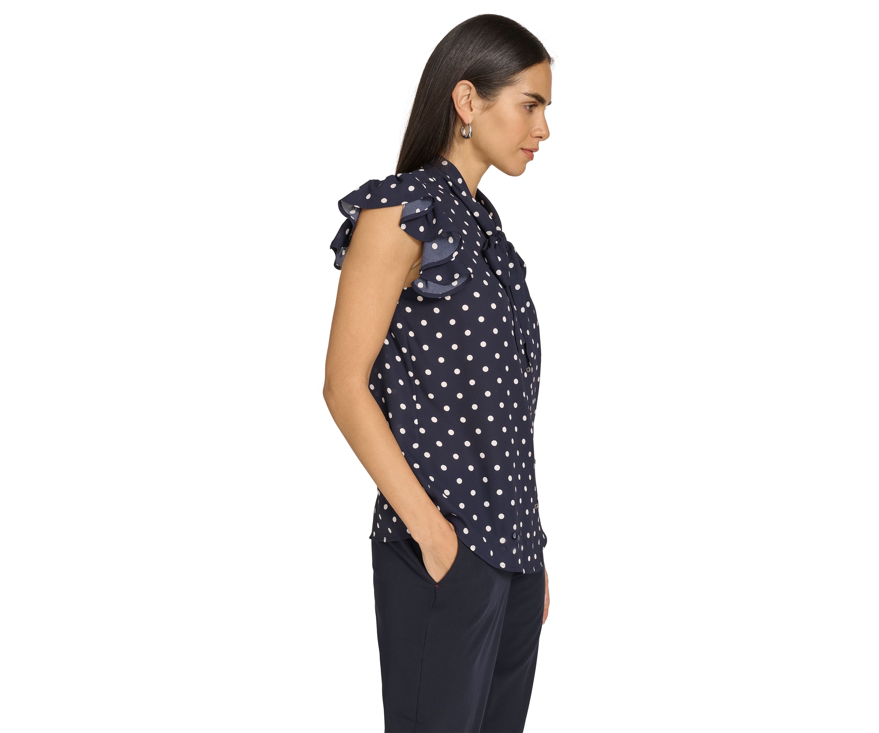 Womens Dot Ruffle Sleeve Bow Blouse 