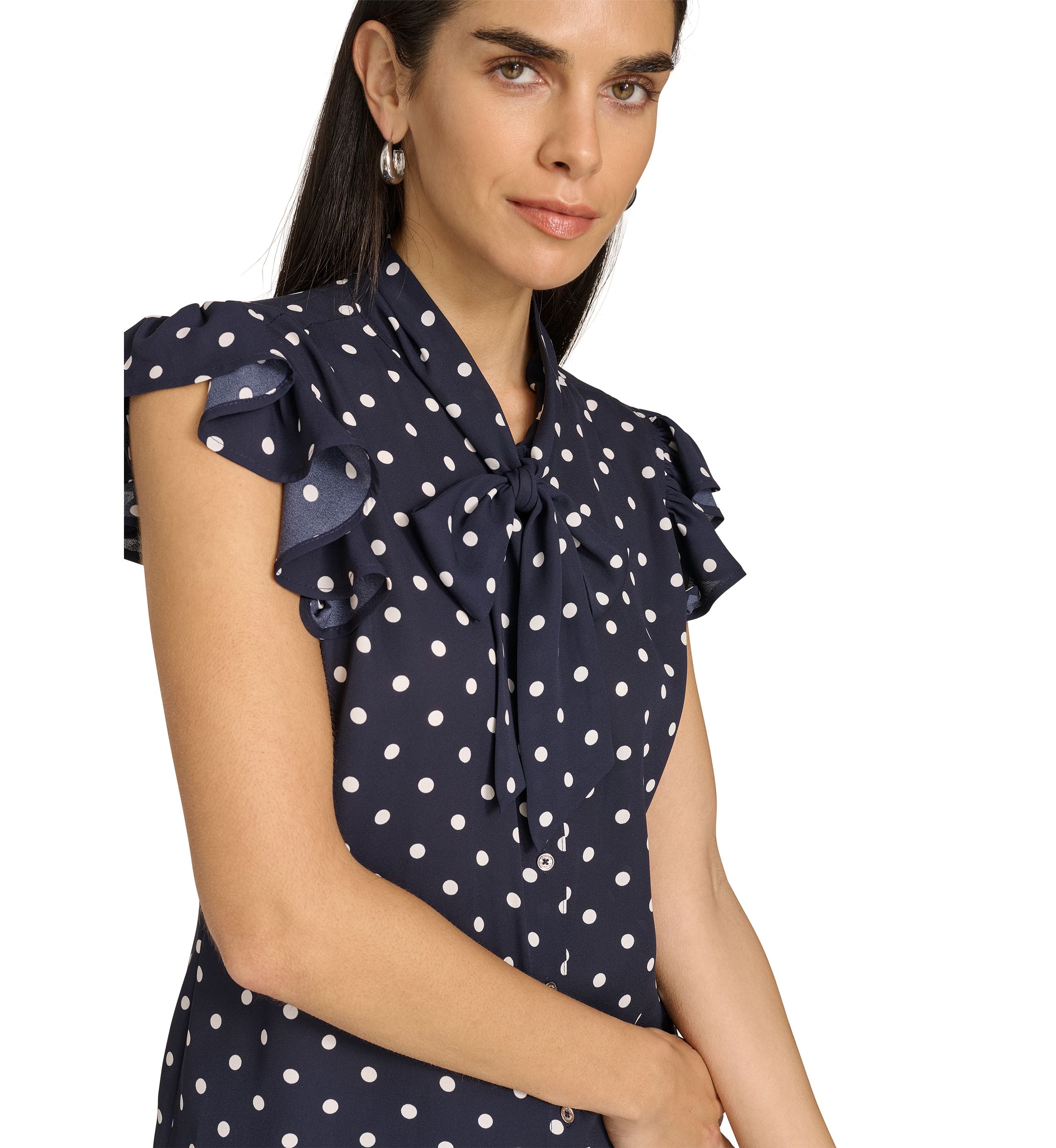 Womens Dot Ruffle Sleeve Bow Blouse 