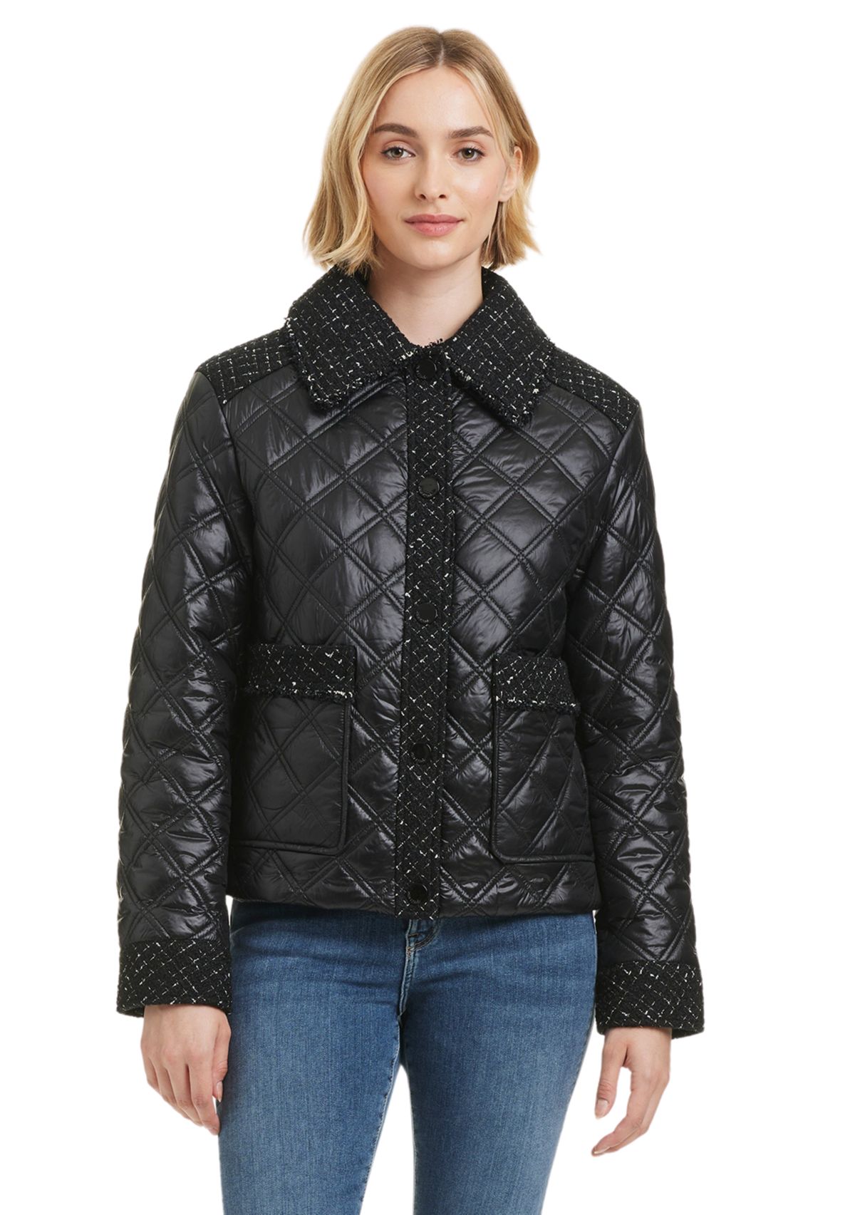 Womens Quilted Jacket with Tweed Details