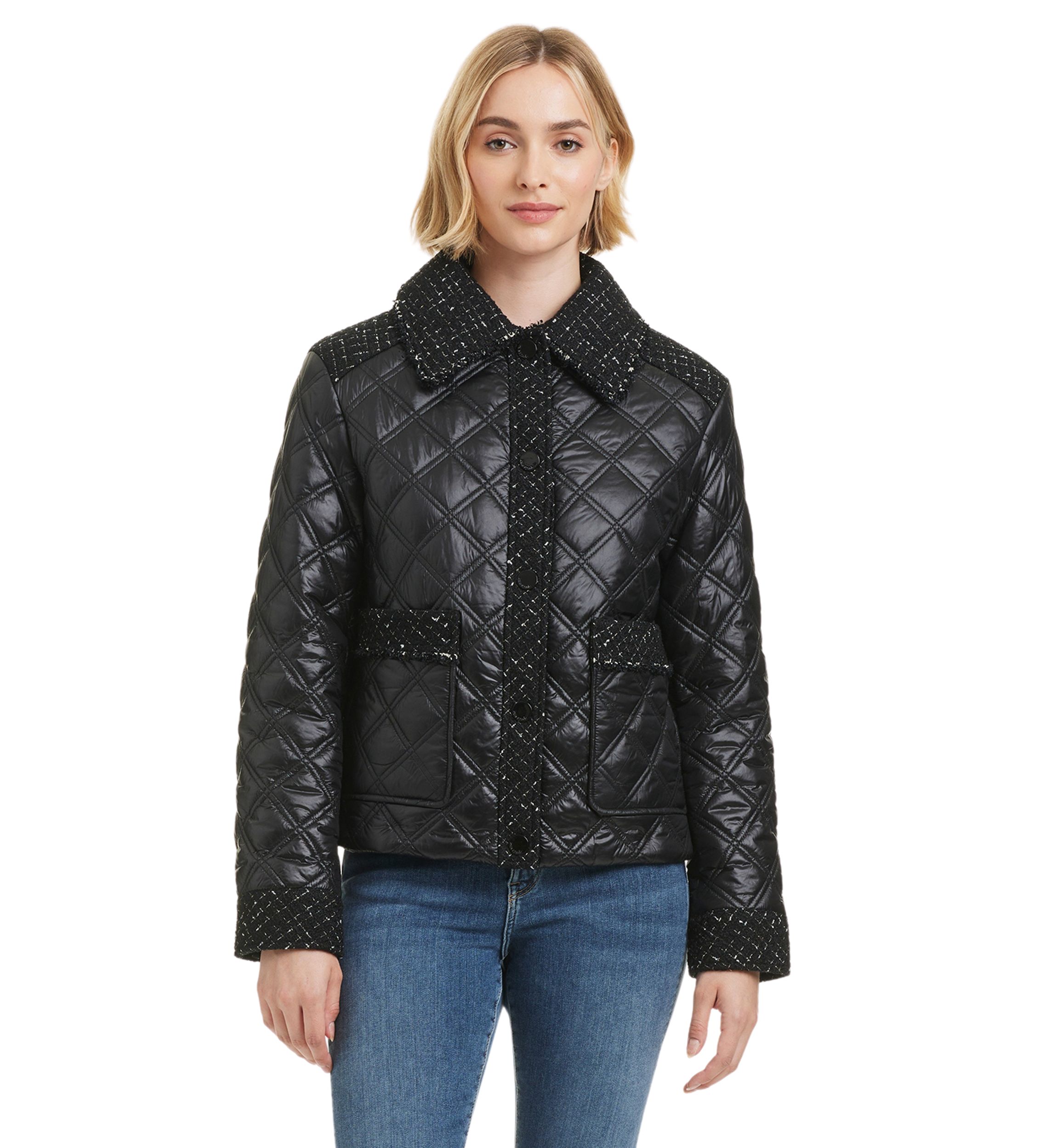Womens Quilted Jacket with Tweed Details
