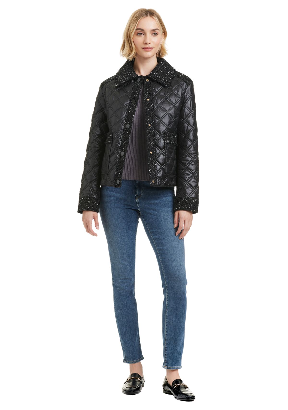 Womens Quilted Jacket with Tweed Details