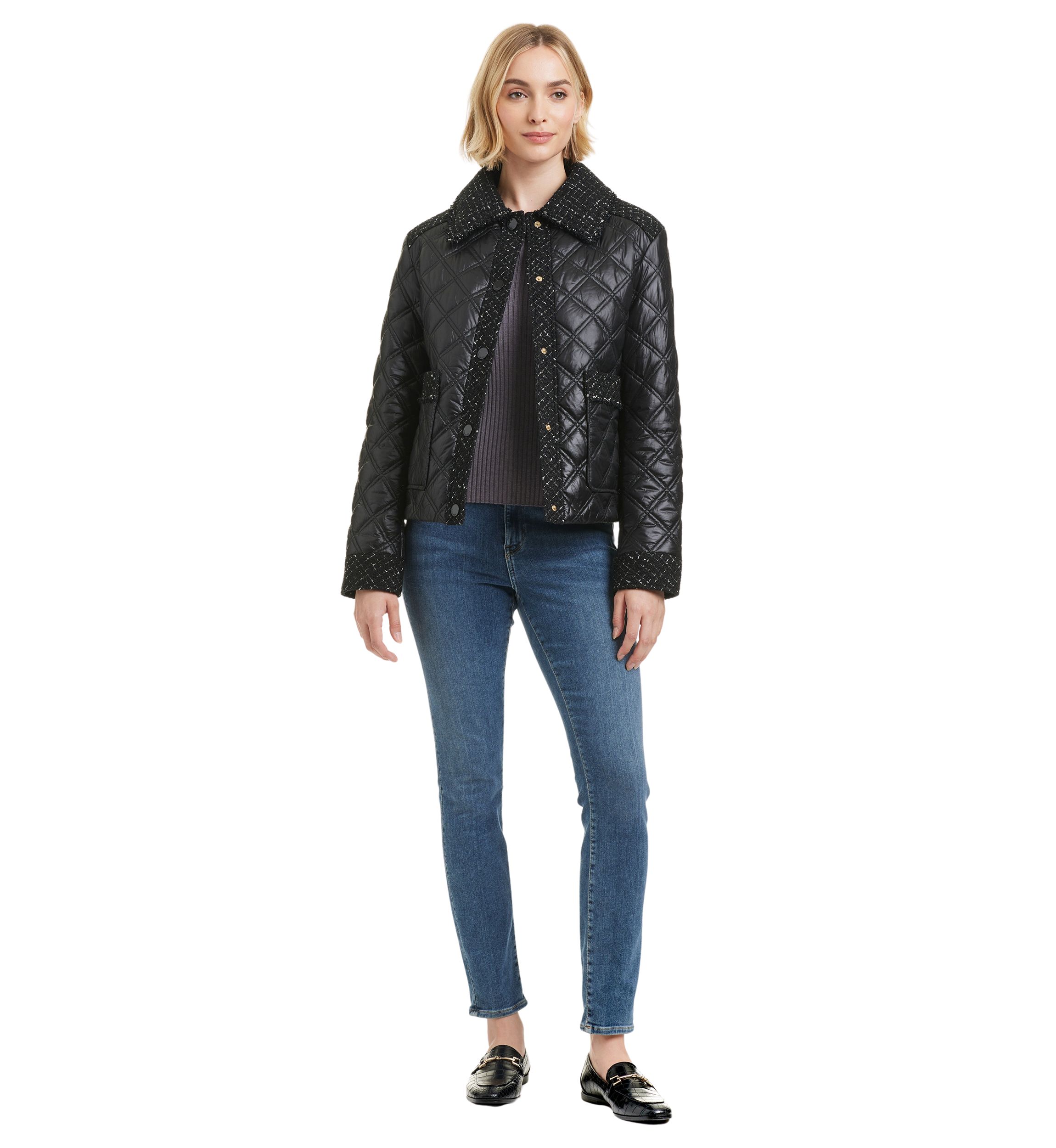 Womens Quilted Jacket with Tweed Details