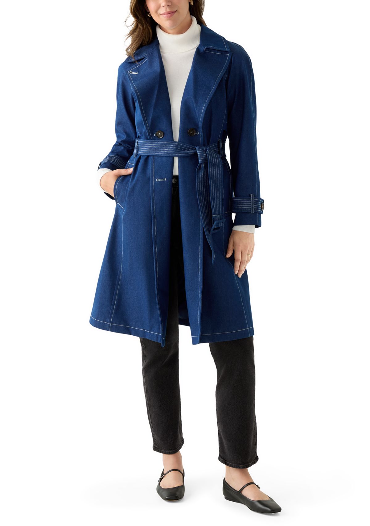 Womens Long Double Breasted Denim Trench Coat