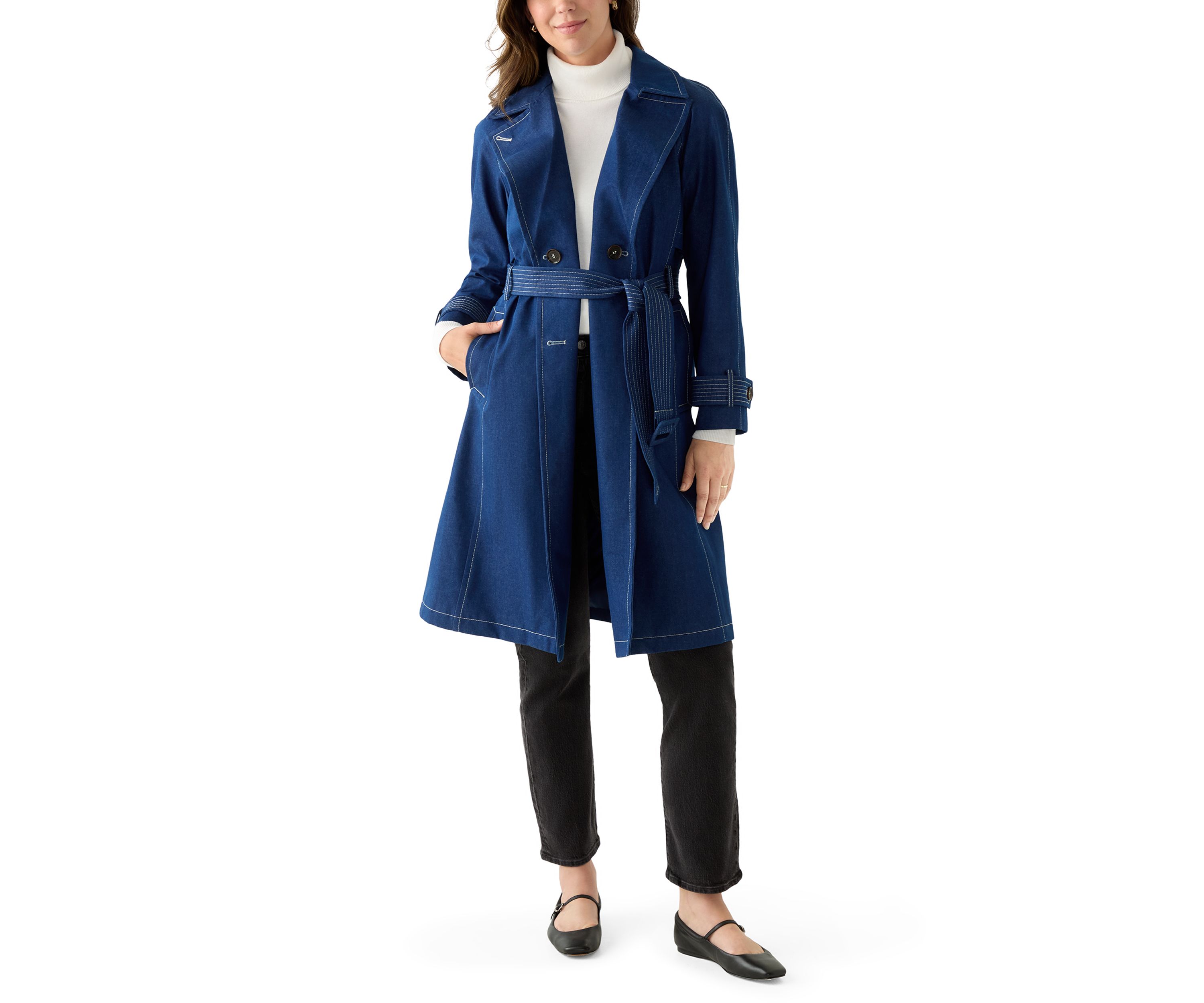 Womens Long Double Breasted Denim Trench Coat