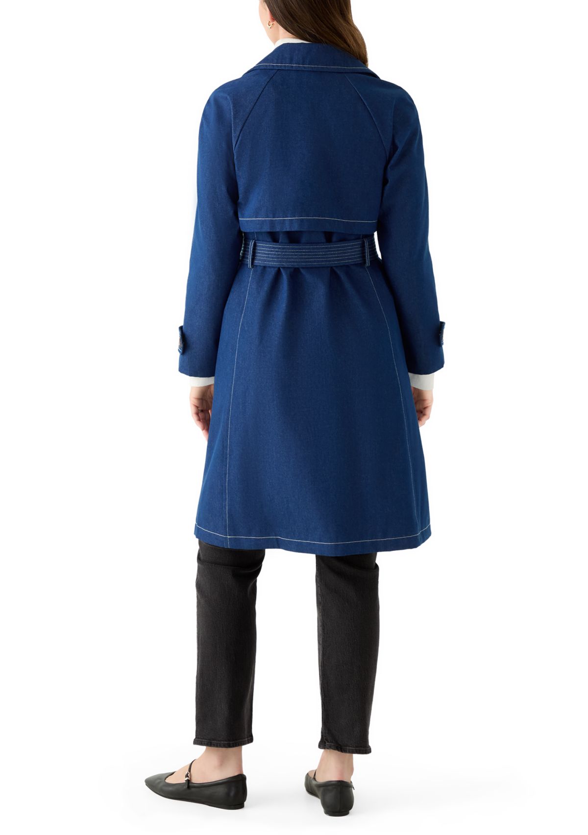 Womens Long Double Breasted Denim Trench Coat