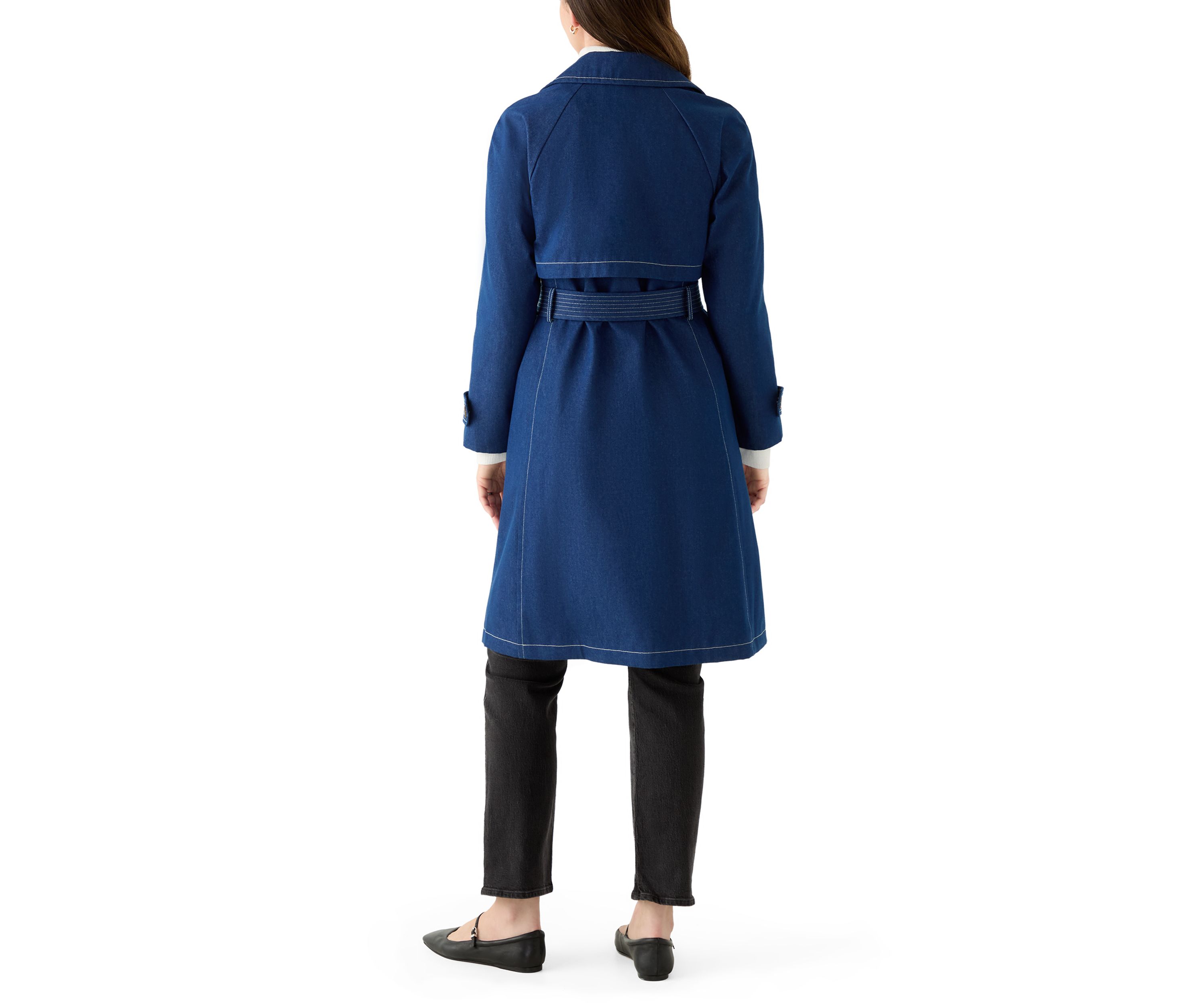 Womens Long Double Breasted Denim Trench Coat