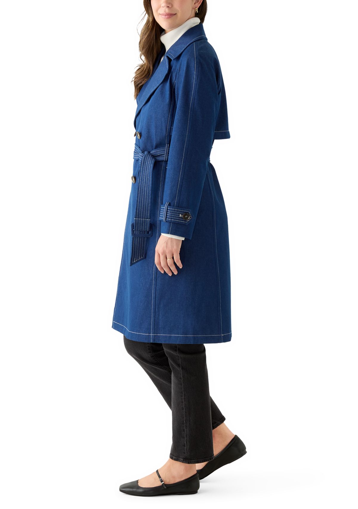 Womens Long Double Breasted Denim Trench Coat