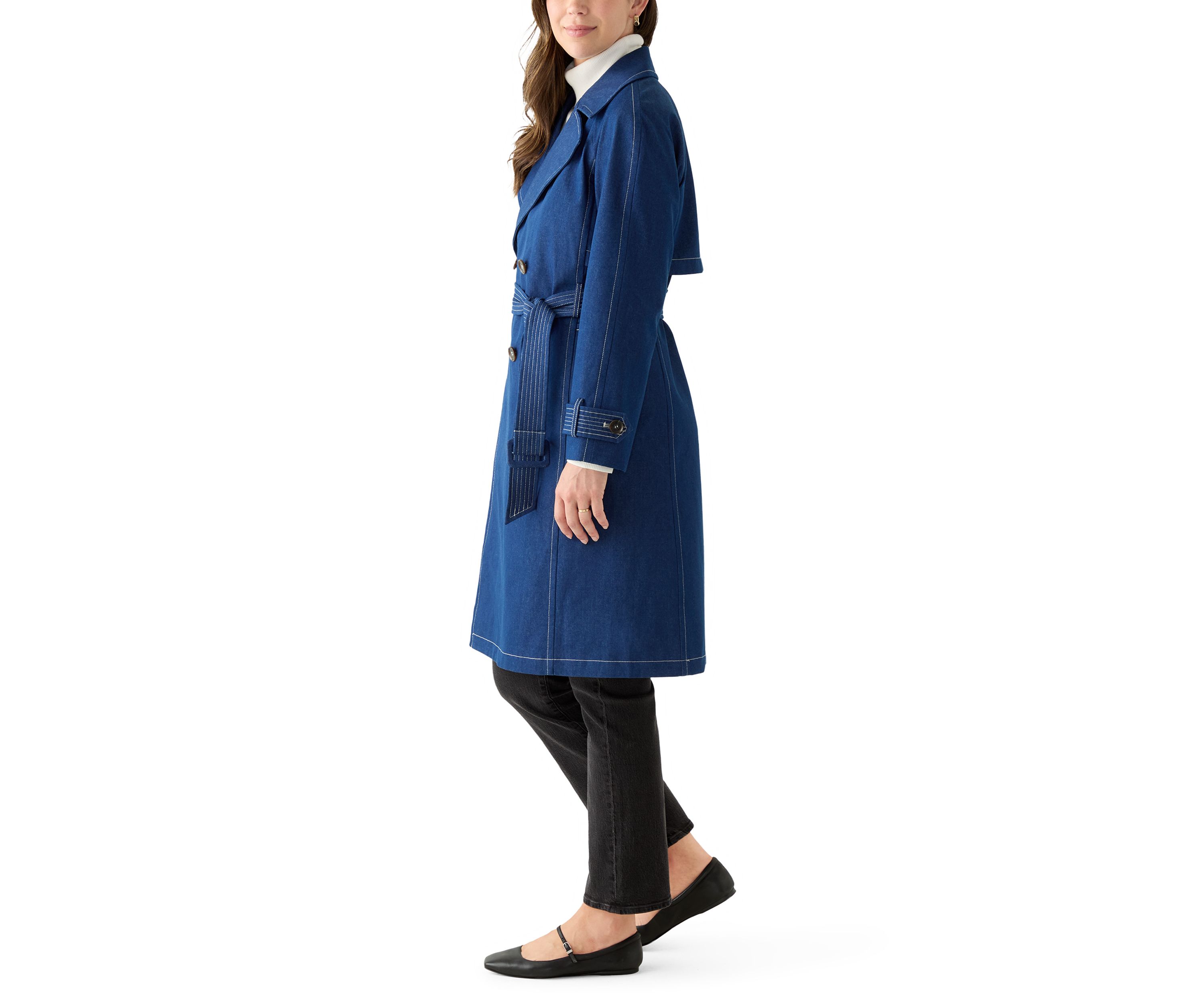 Womens Long Double Breasted Denim Trench Coat