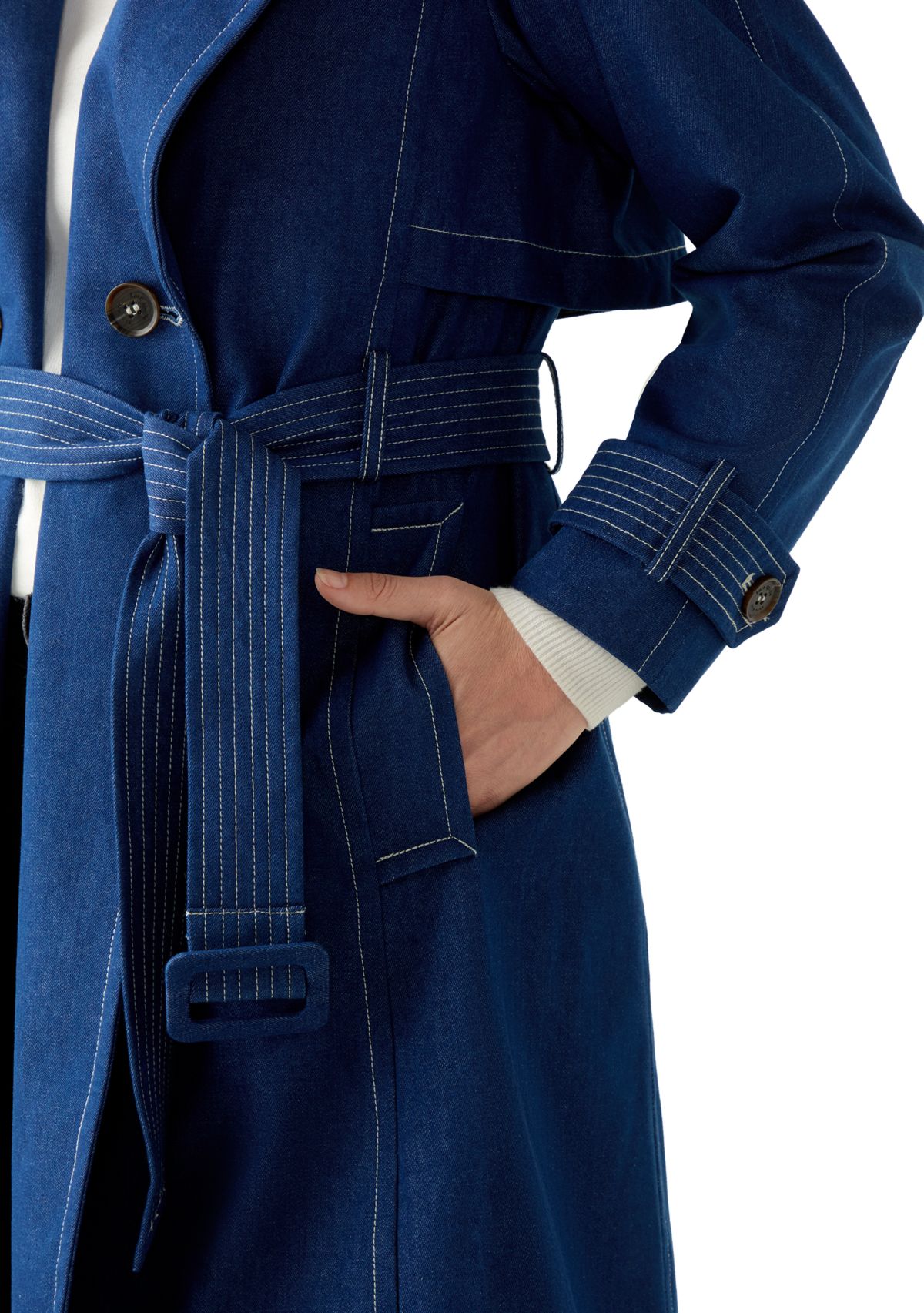 Womens Long Double Breasted Denim Trench Coat
